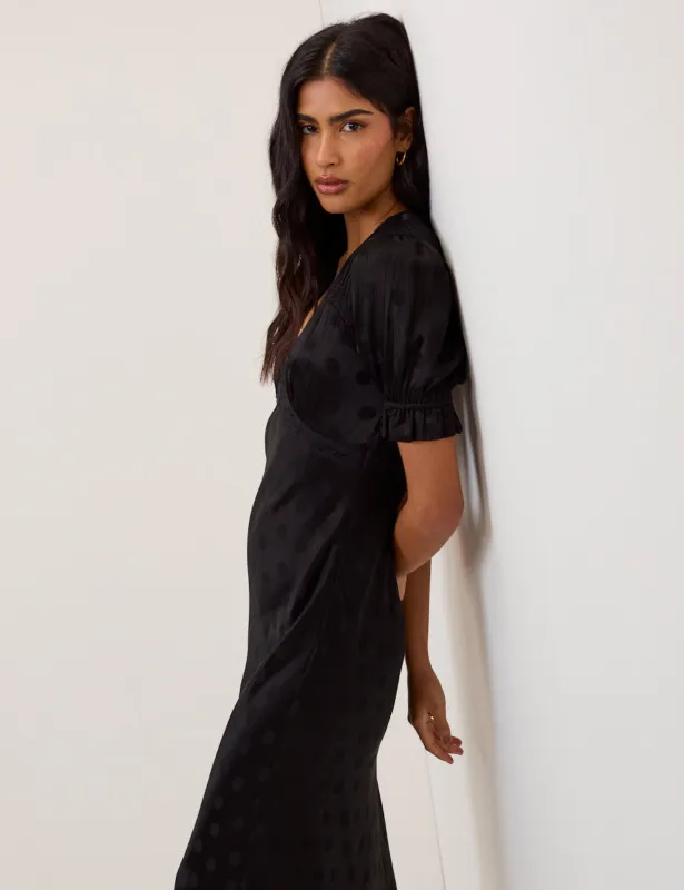 Black Polka Dot Jacquard Angela Midi Dress sold by Nobody's Child