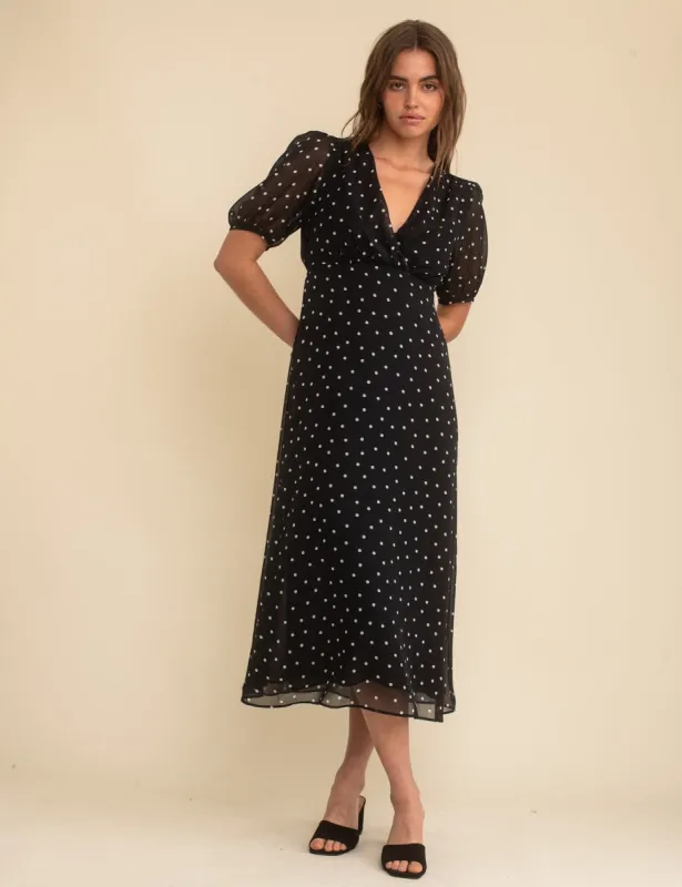 Black Spot Print Chiffon Wrap Molly Midi Dress sold by Nobody's Child