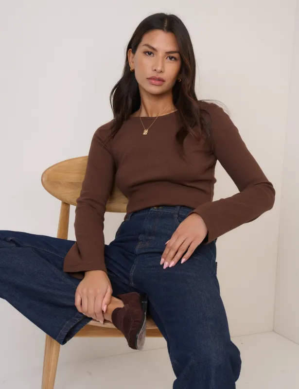 Brown Ribbed Flute Sleeve Top sold by Nobody's Child