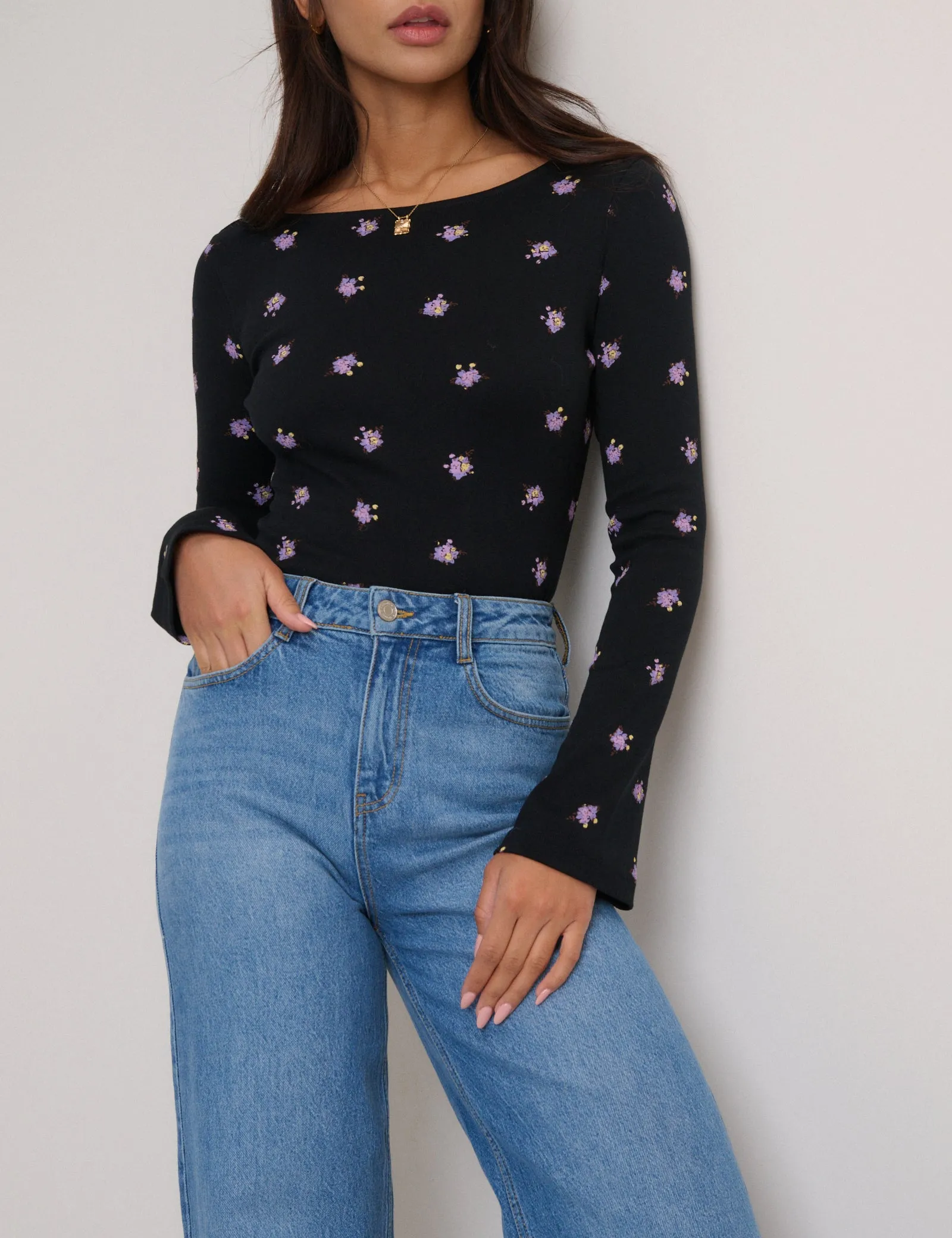 Black Floral Embroidered Flute Sleeve Top sold by Nobody's Child product image thumbnail 2