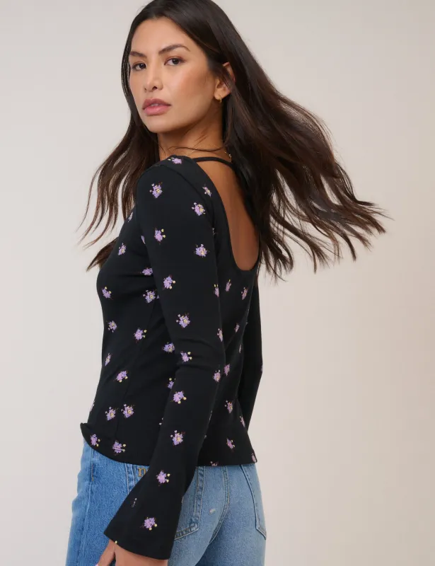 Black Floral Embroidered Flute Sleeve Top sold by Nobody's Child