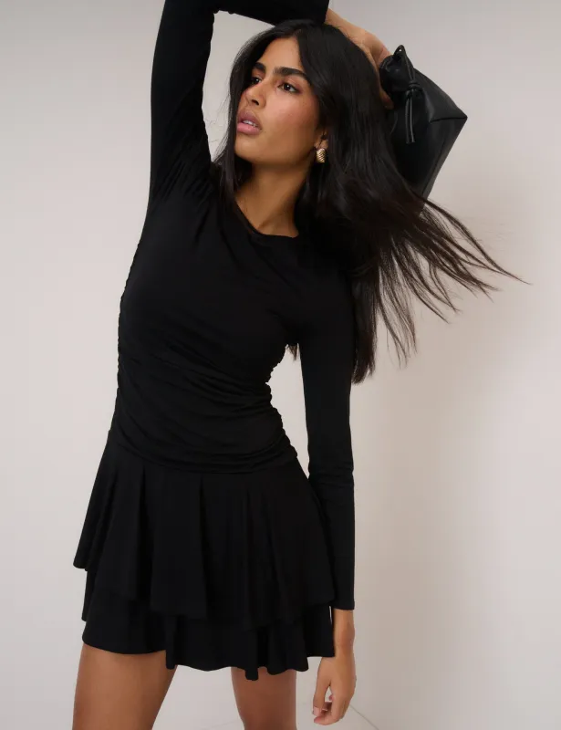 Black Long Sleeve Tiered Yuki Jersey Mini Dress sold by Nobody's Child