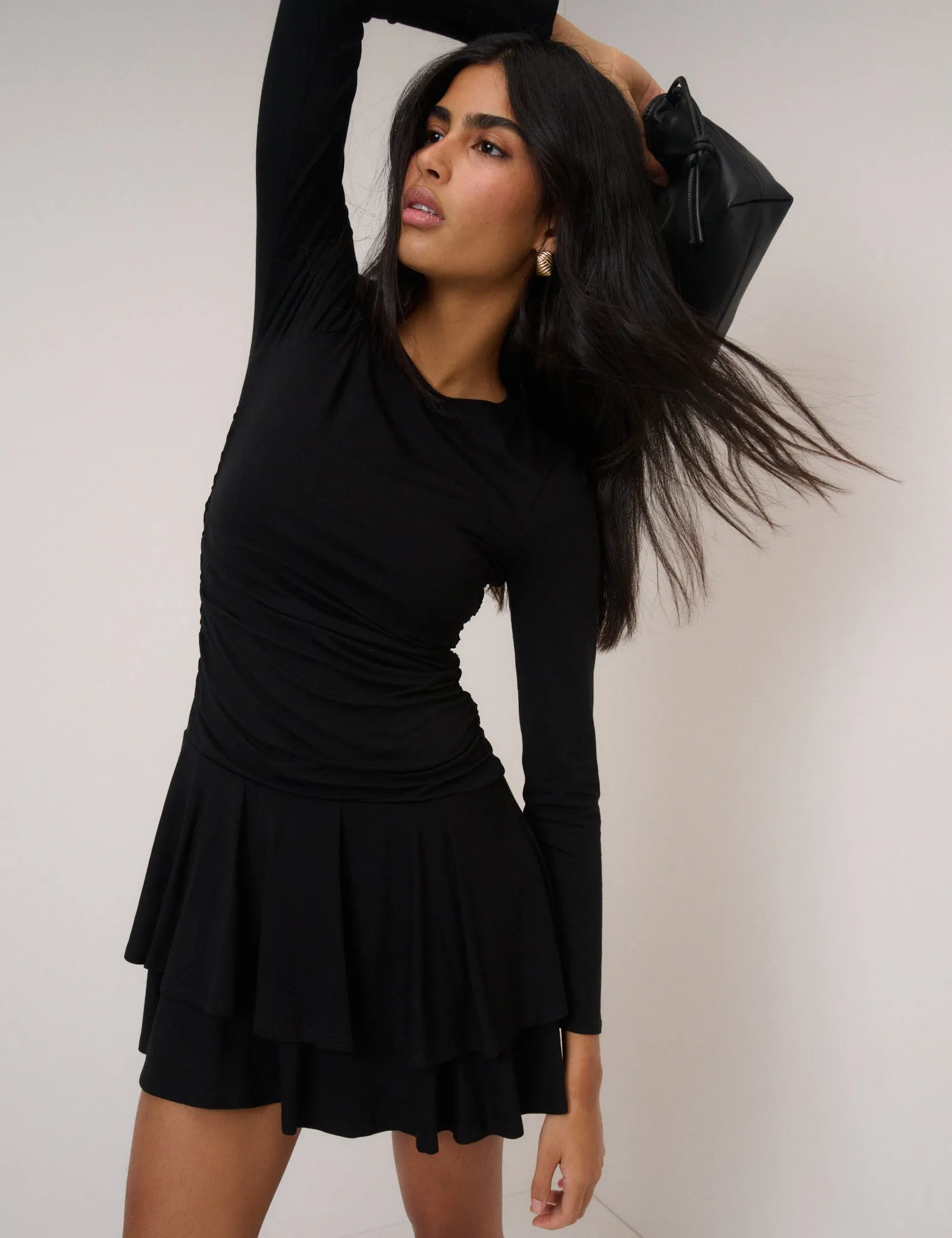 Black Long Sleeve Tiered Yuki Jersey Mini Dress sold by Nobody's Child