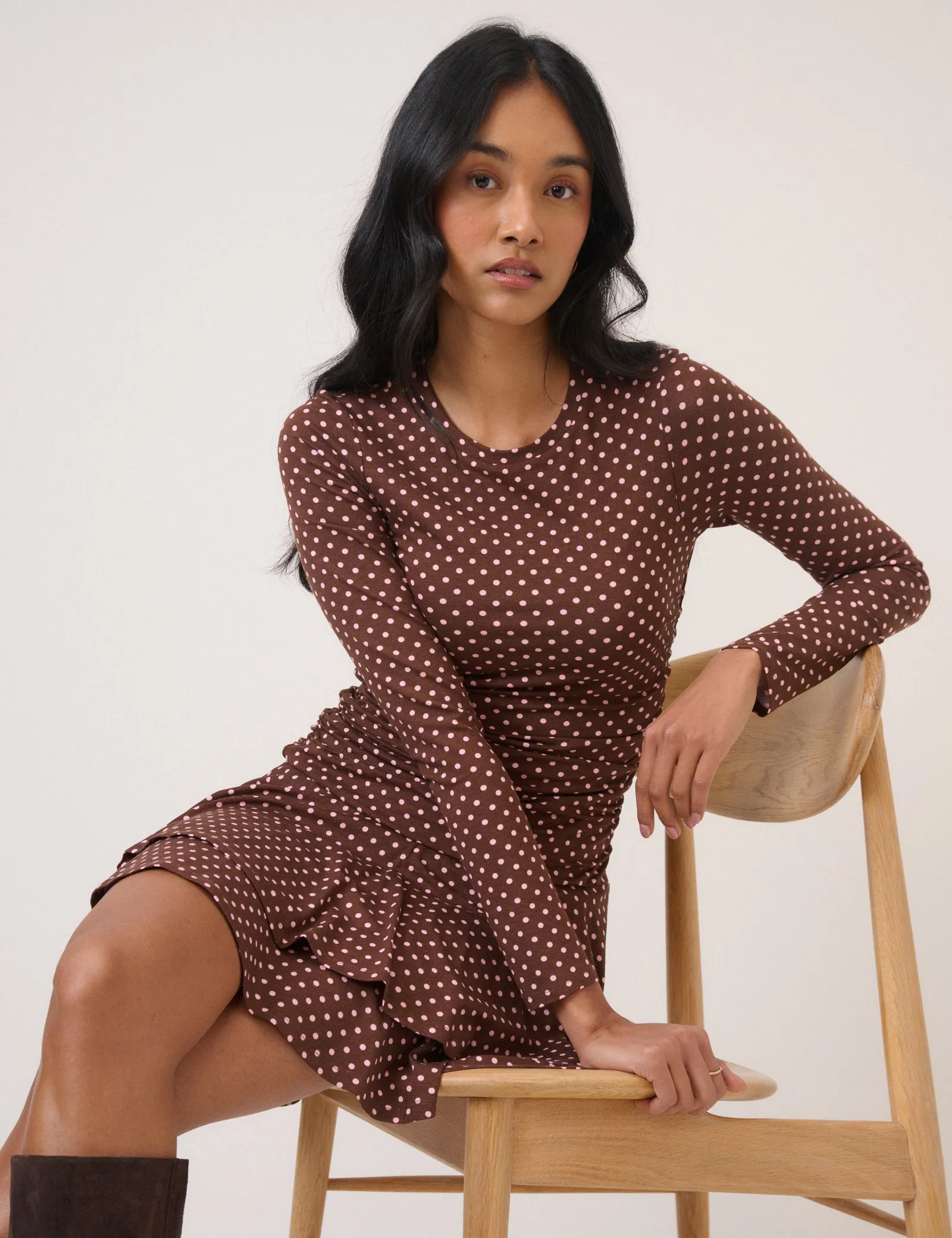 Brown Polka Dot Long Sleeve Yuki Jersey Mini Dress sold by Nobody's Child