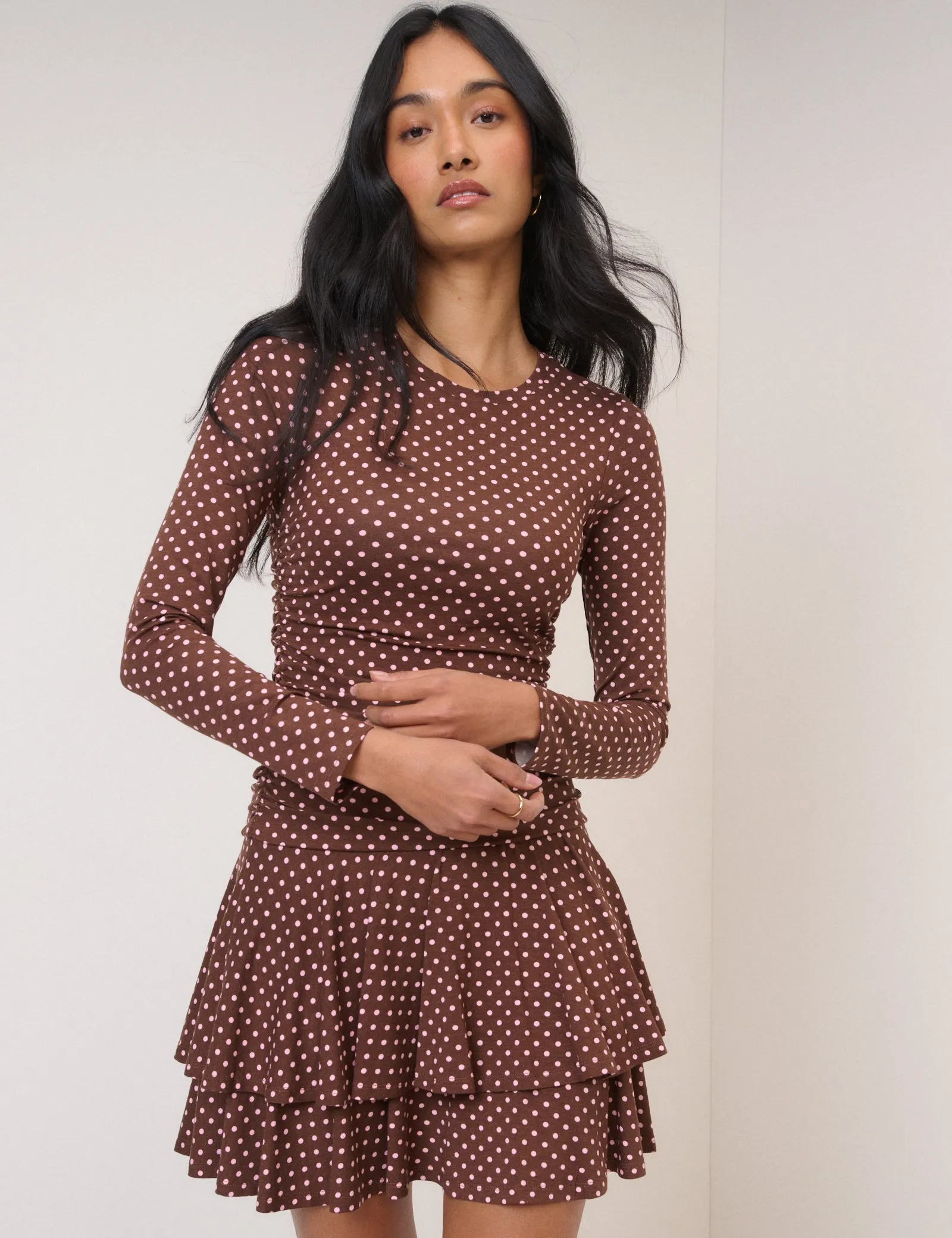 Brown Polka Dot Long Sleeve Yuki Jersey Mini Dress sold by Nobody's Child product image thumbnail 4