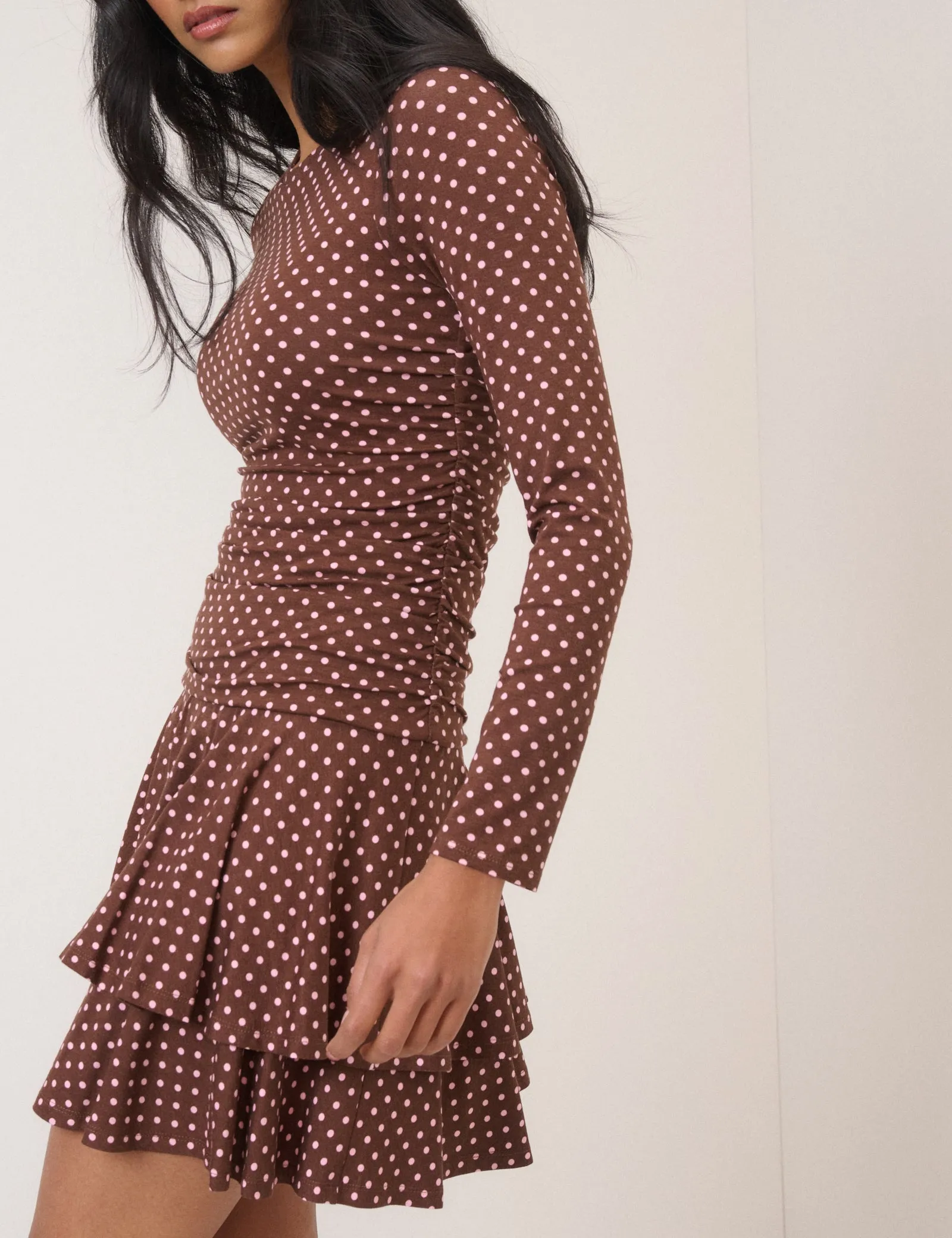 Brown Polka Dot Long Sleeve Yuki Jersey Mini Dress sold by Nobody's Child product image thumbnail 2