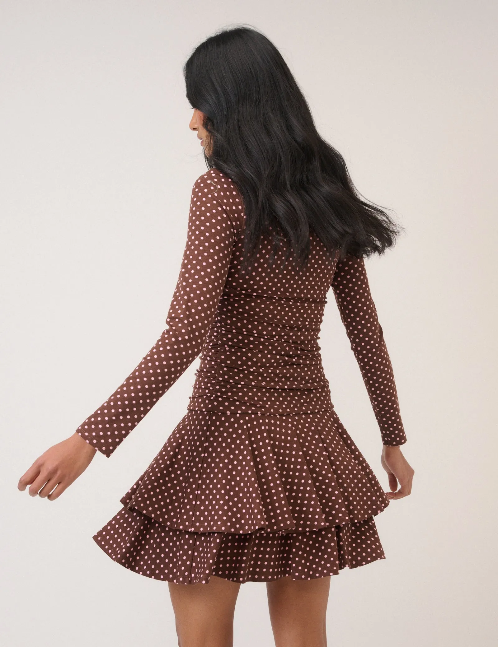 Brown Polka Dot Long Sleeve Yuki Jersey Mini Dress sold by Nobody's Child product image thumbnail 5