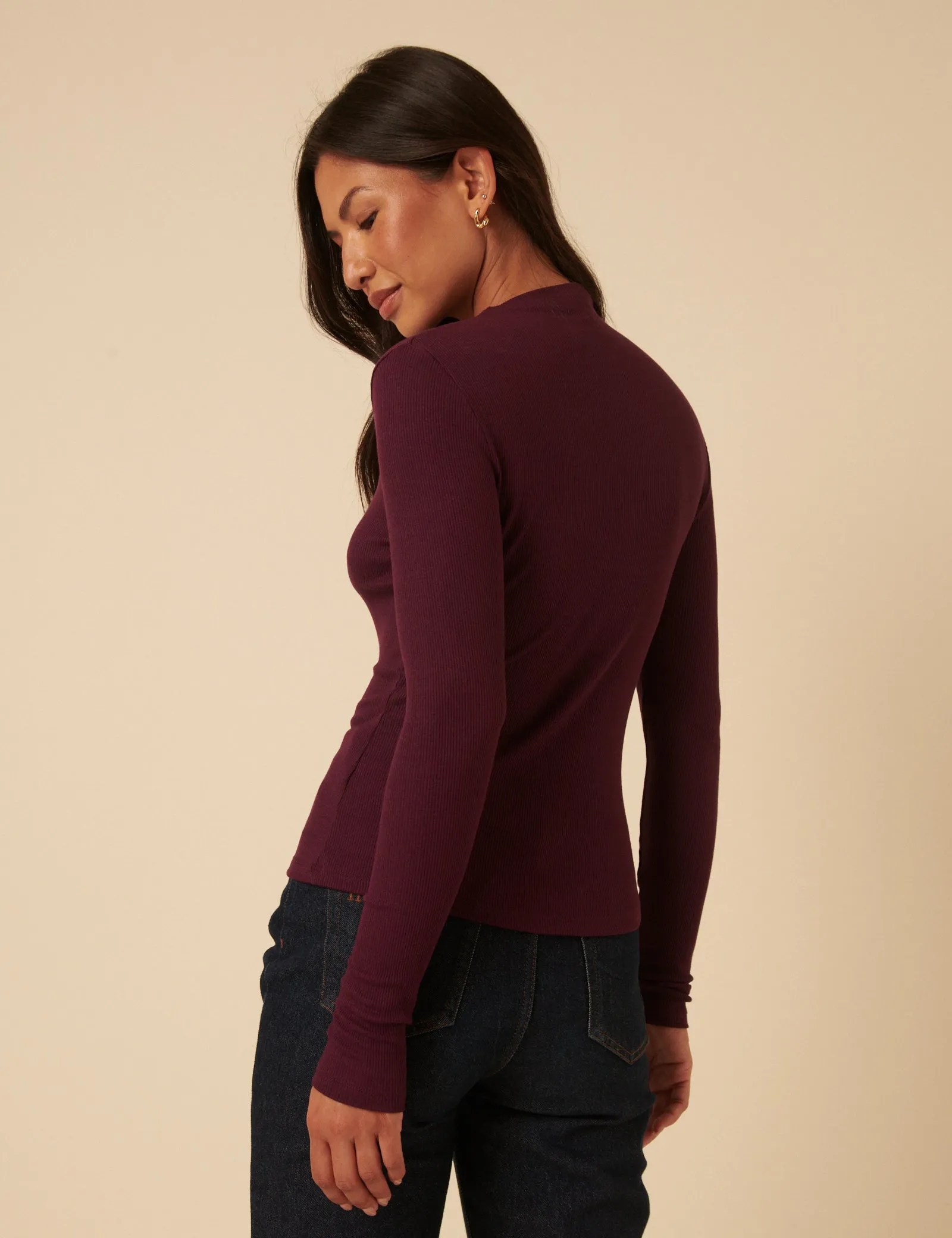 Burgundy Ribbed High Neck Long Sleeve Top sold by Nobody's Child product image thumbnail 5