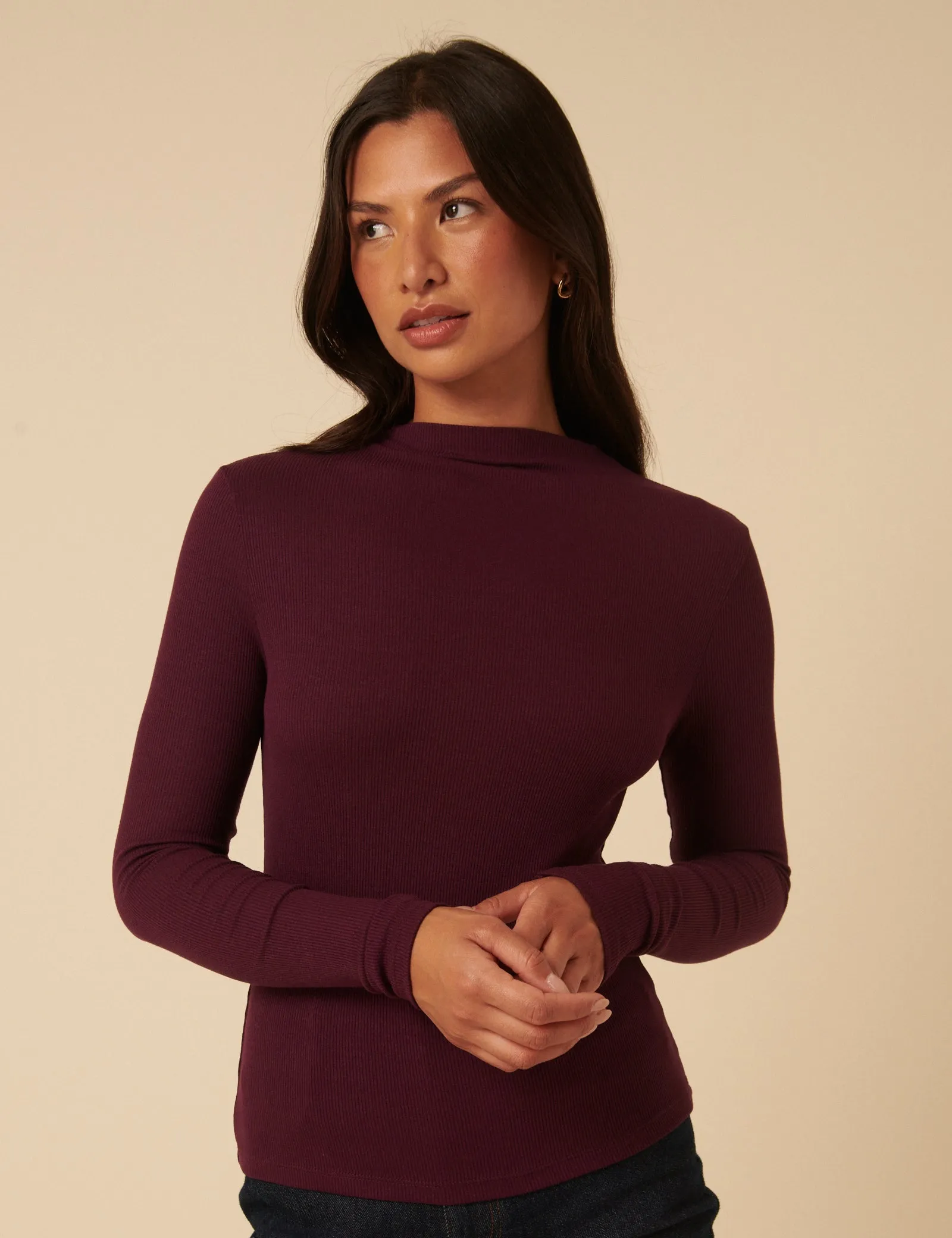 Burgundy Ribbed High Neck Long Sleeve Top sold by Nobody's Child product image thumbnail 3