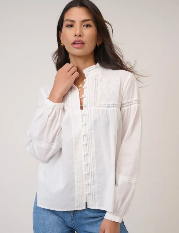 White Floral Embroidered High Neck Blouse sold by Nobody's Child