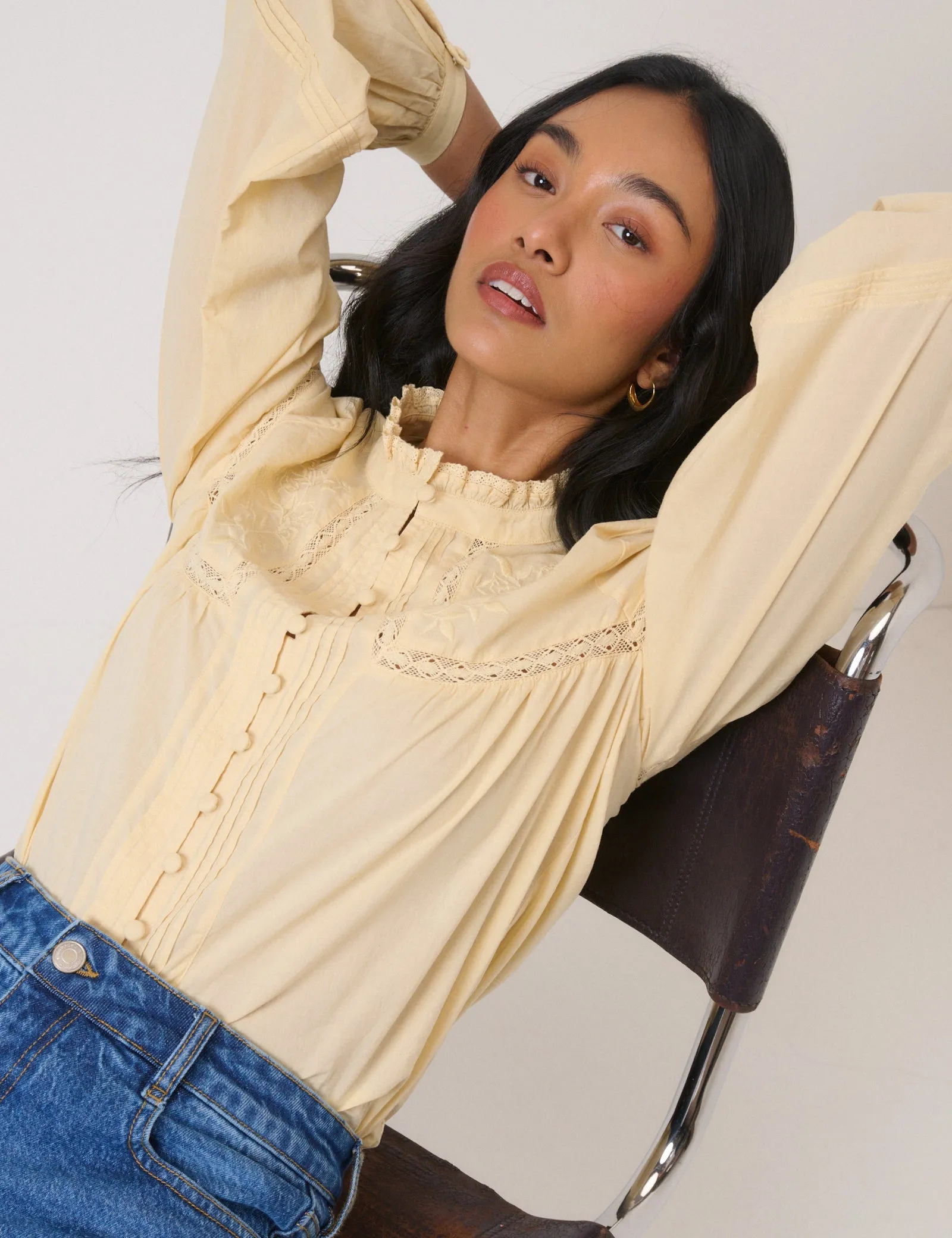 Butter Yellow Floral Embroidered High Neck Blouse sold by Nobody's Child product image thumbnail 4