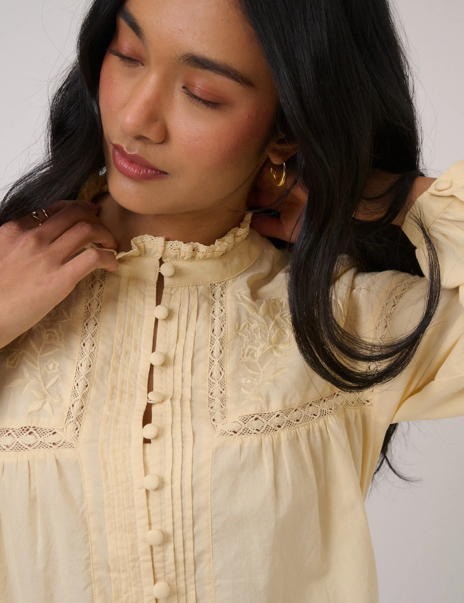 Butter Yellow Floral Embroidered High Neck Blouse sold by Nobody's Child product image thumbnail 2