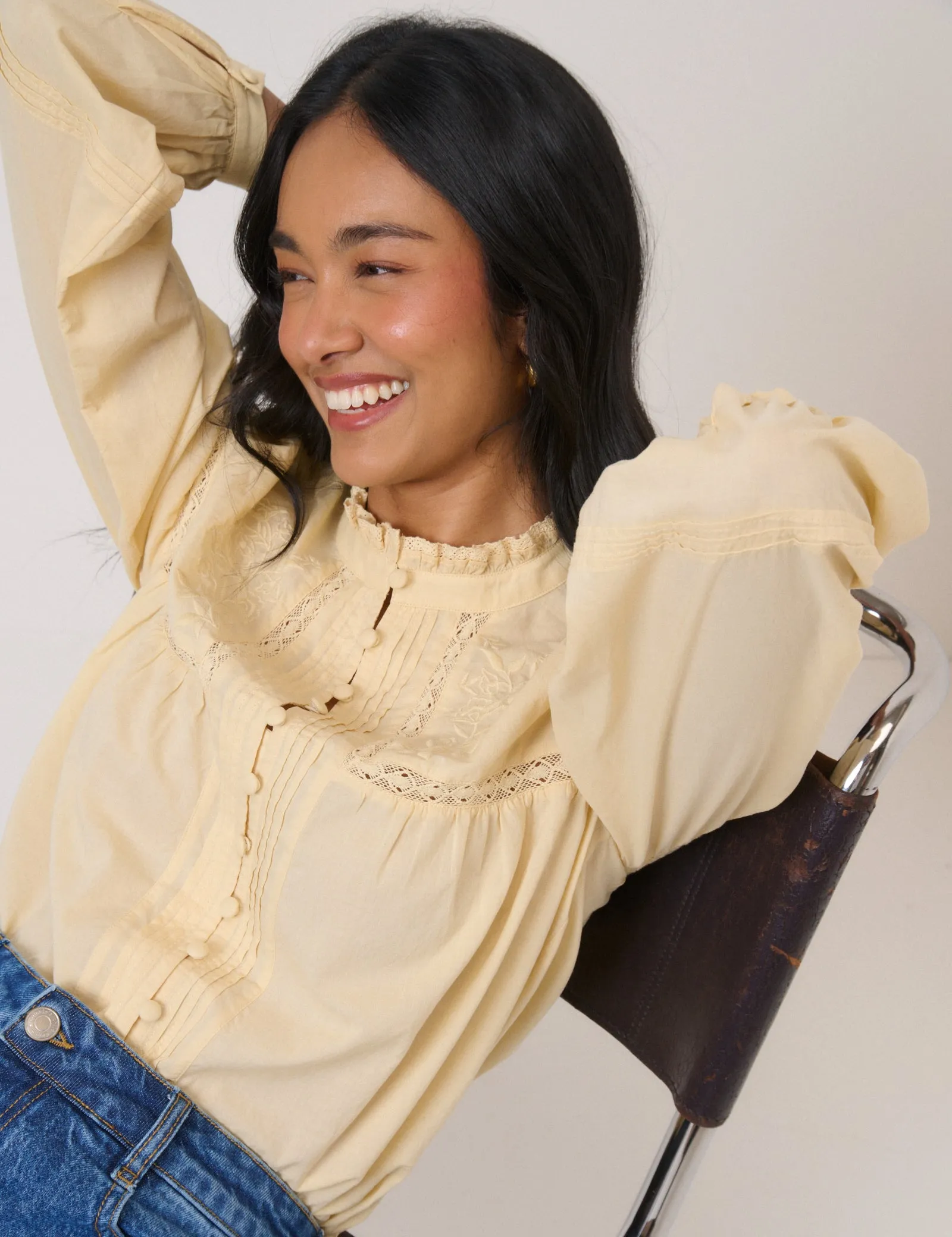 Butter Yellow Floral Embroidered High Neck Blouse sold by Nobody's Child