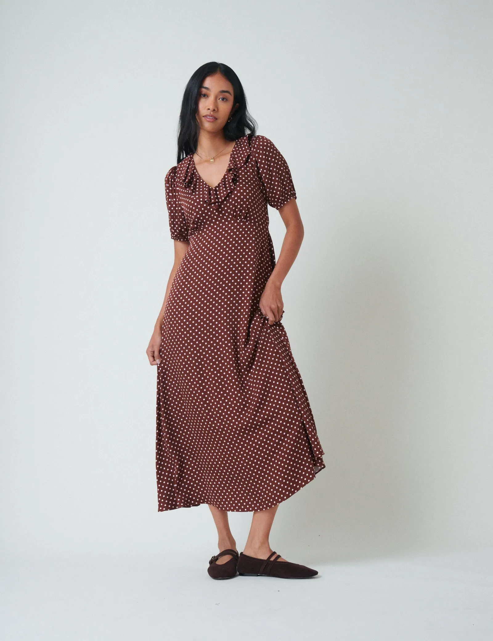 Brown Polka Dot Fae Midi Dress sold by Nobody's Child product image thumbnail 4