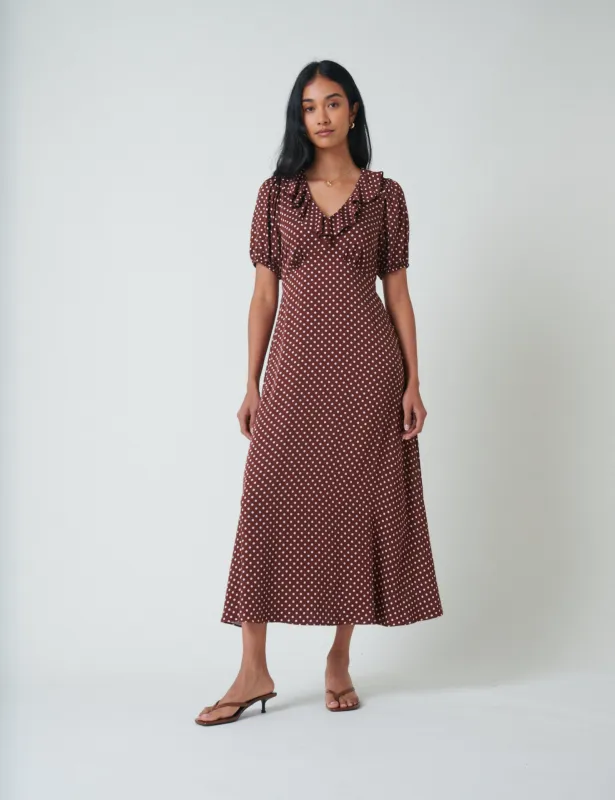 Brown Polka Dot Fae Midi Dress sold by Nobody's Child