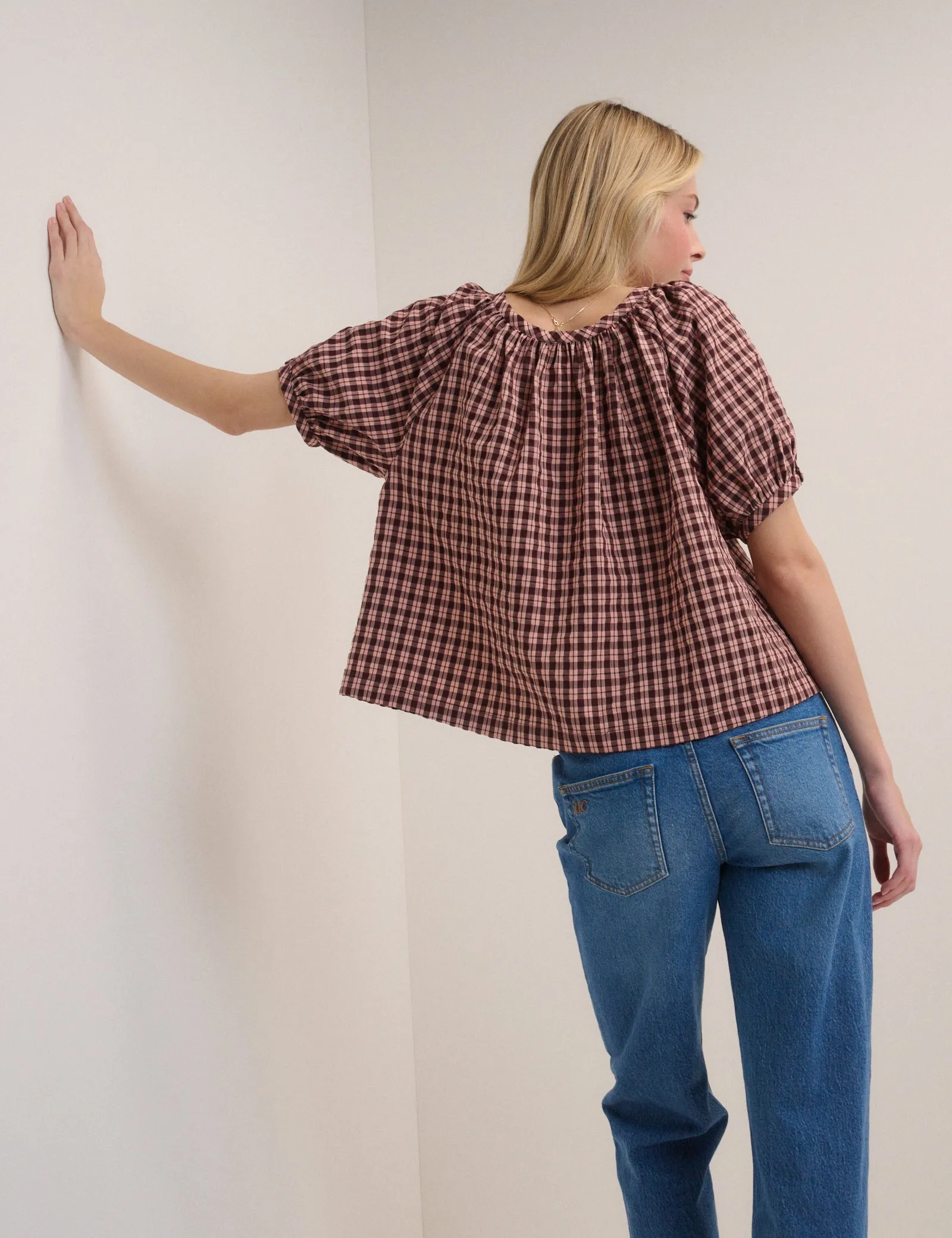 Pink Check Puff Sleeve Button Front Top sold by Nobody's Child product image thumbnail 5