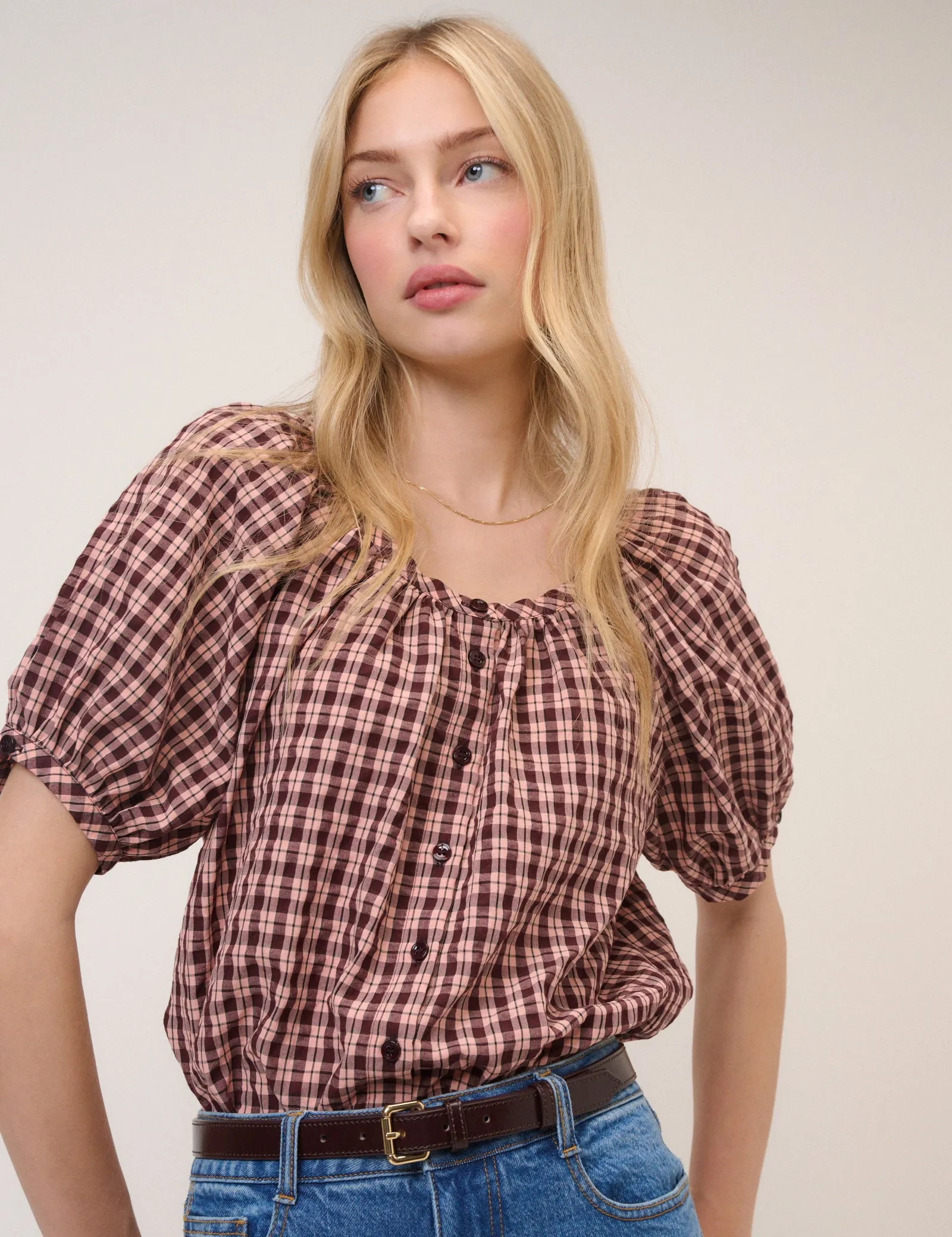 Pink Check Puff Sleeve Button Front Top sold by Nobody's Child