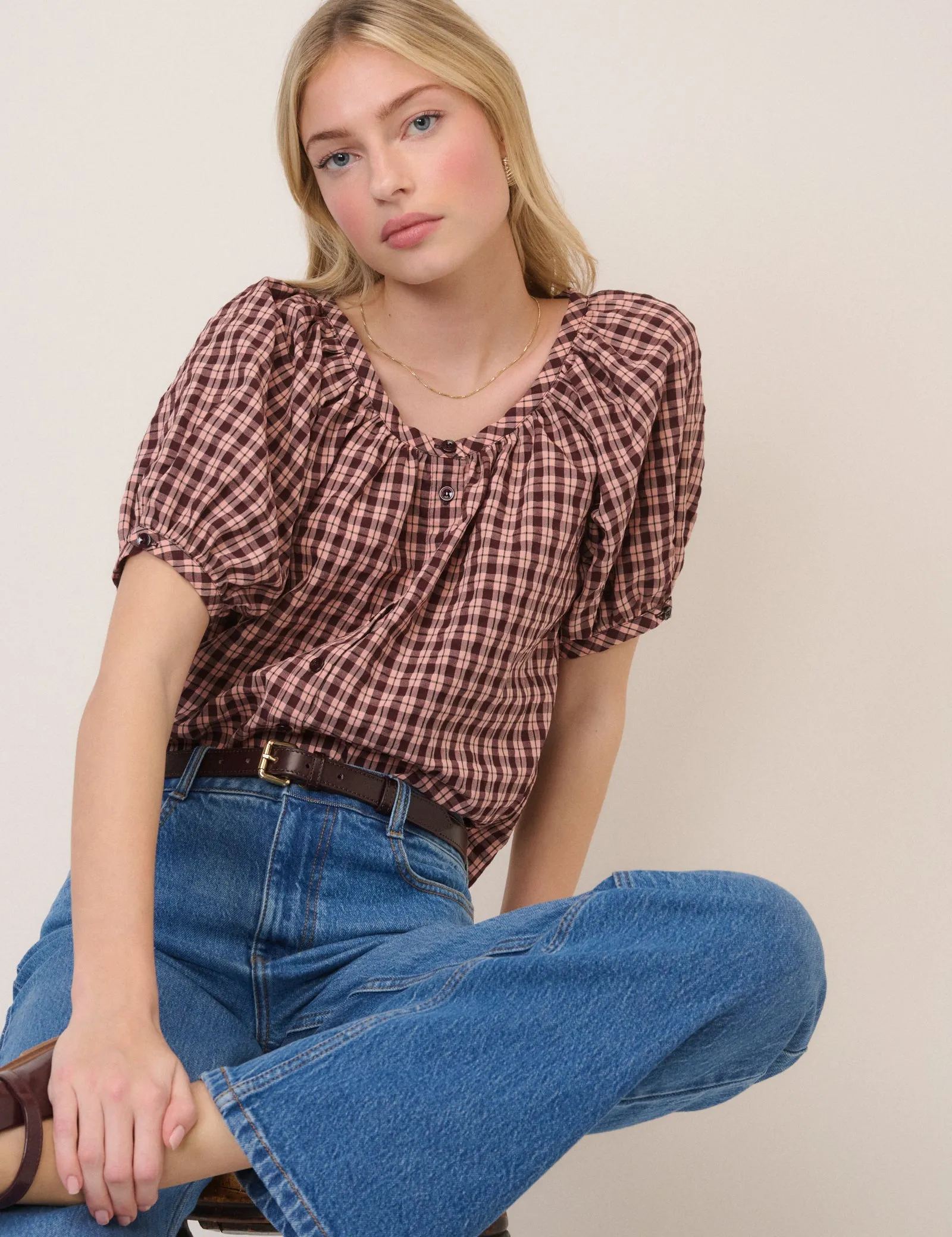 Pink Check Puff Sleeve Button Front Top sold by Nobody's Child product image thumbnail 2