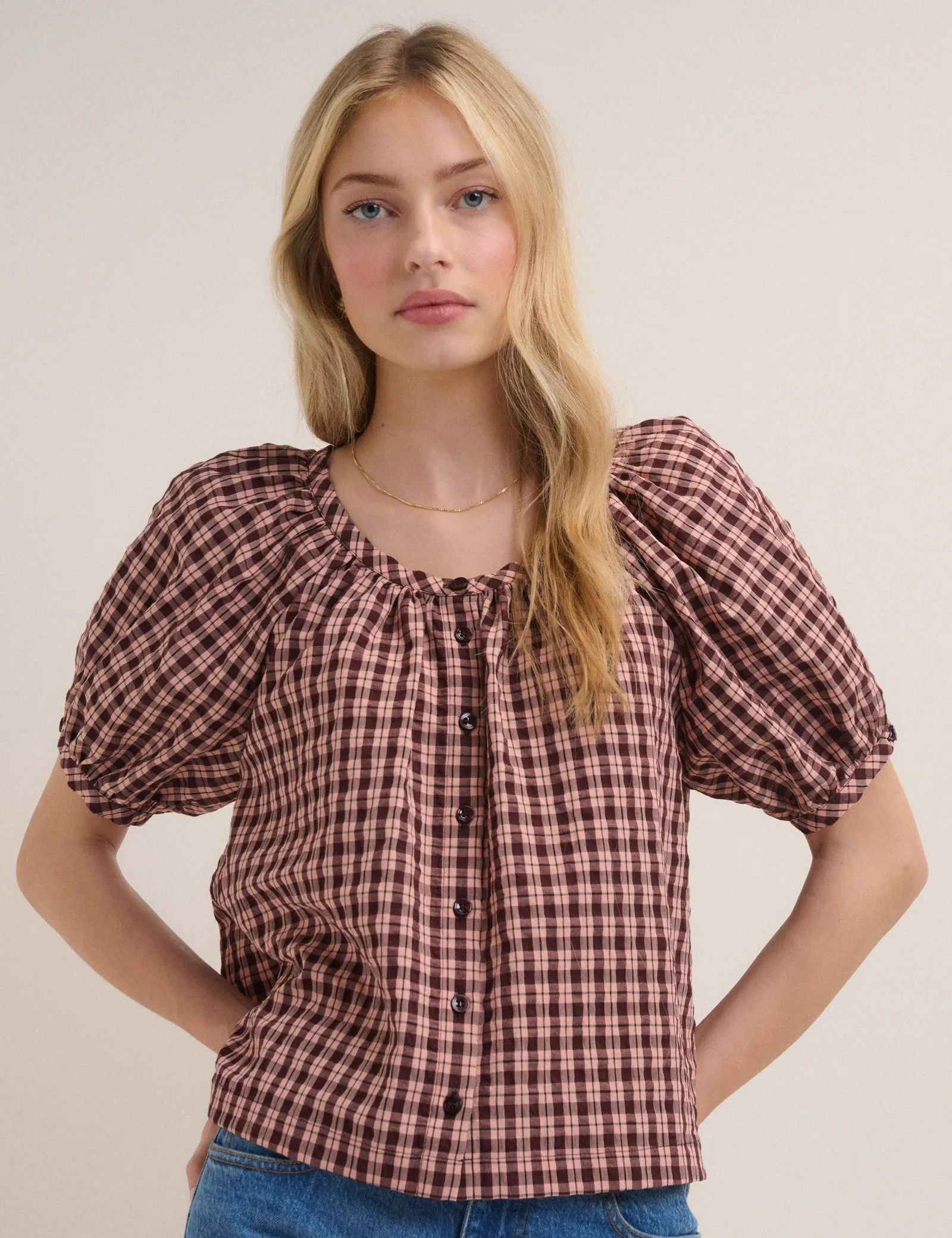 Pink Check Puff Sleeve Button Front Top sold by Nobody's Child product image thumbnail 4