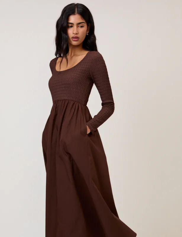 Brown Shirred Scoop Neck Molly Midi Dress sold by Nobody's Child