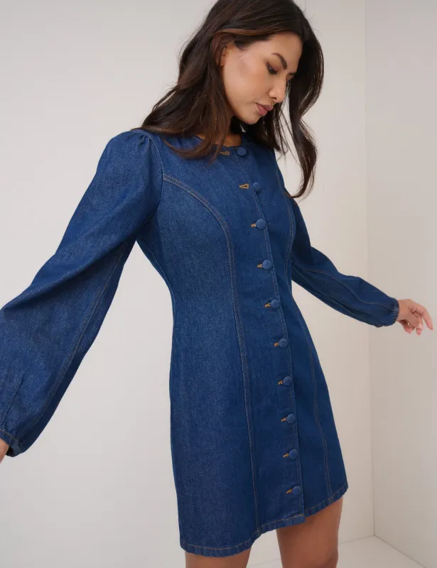 Blue Denim Balloon Sleeve Gemini Shift Mini Dress sold by Nobody's Child