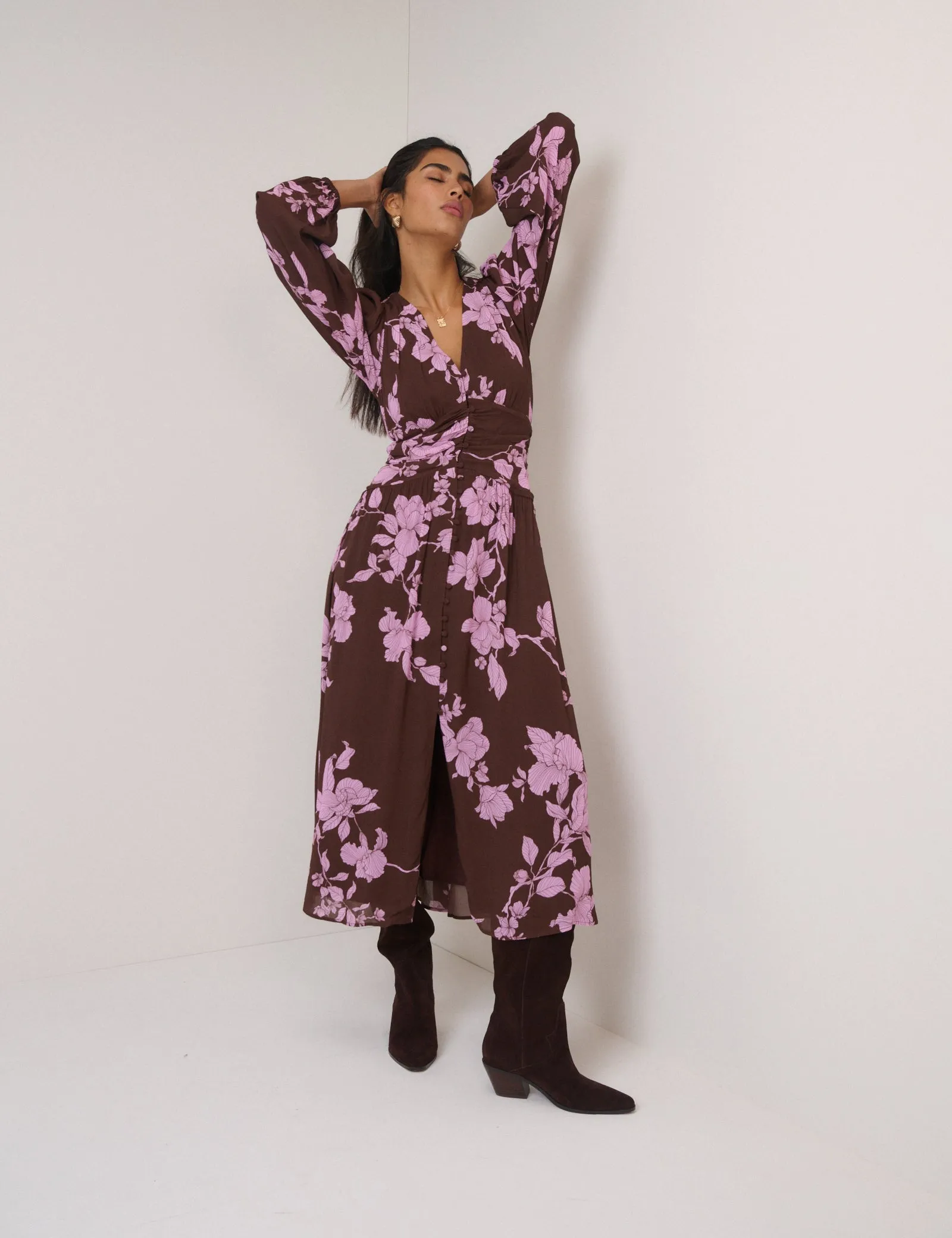 Brown And Pink Floral Luna Midaxi Dress sold by Nobody's Child product image thumbnail 3