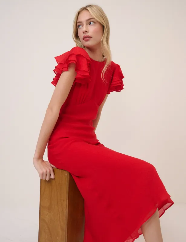 Red Frill Sleeve Lola Midi Dress sold by Nobody's Child