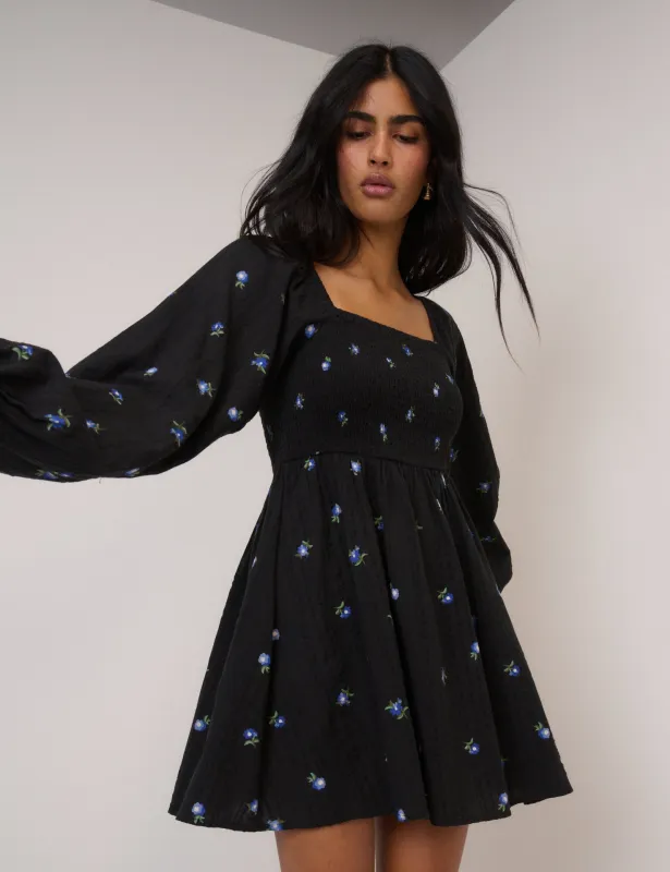 Black Ditsy Floral Long Sleeve Bella Mini Dress sold by Nobody's Child