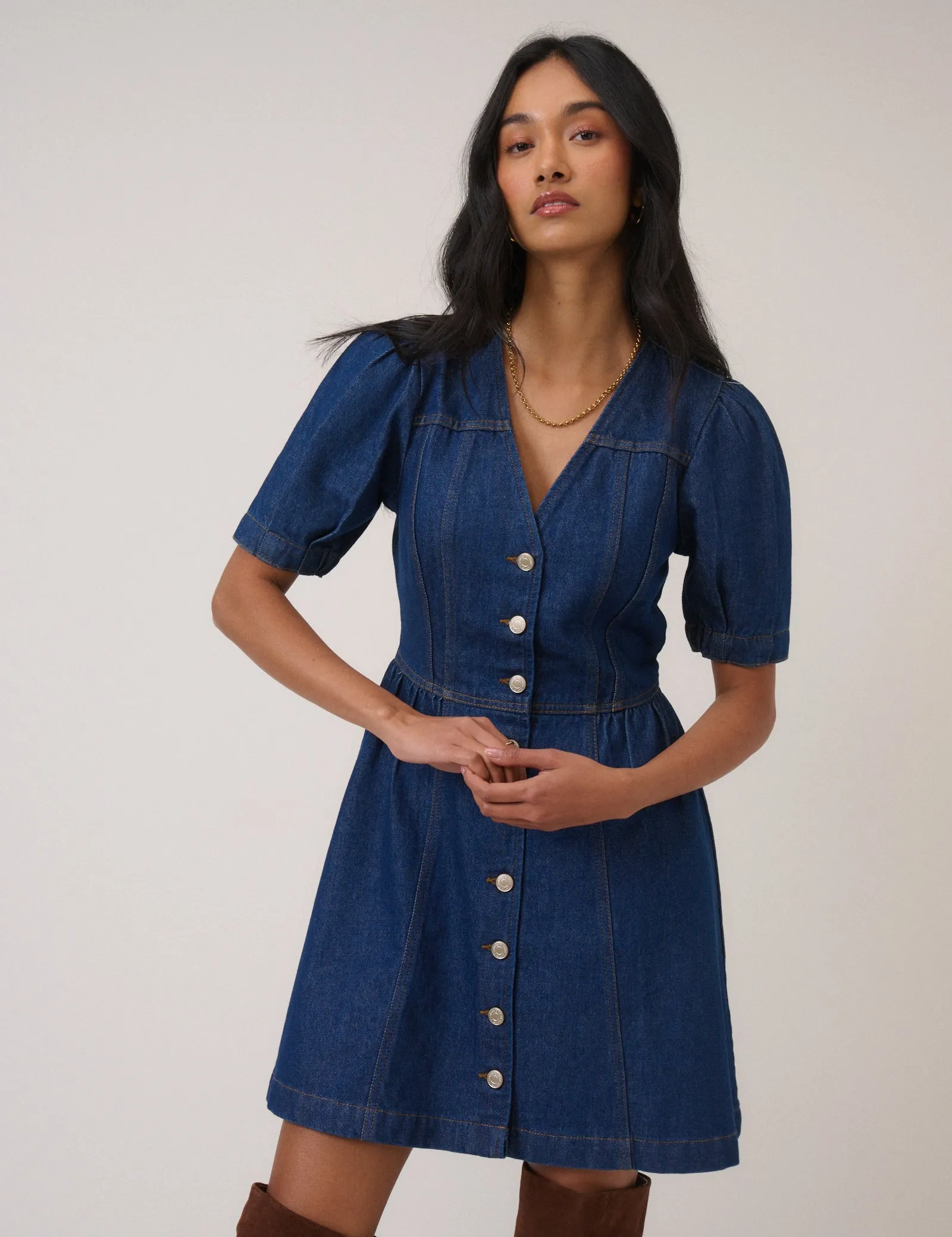 Blue Denim Puff Sleeve Sienna Mini Dress sold by Nobody's Child