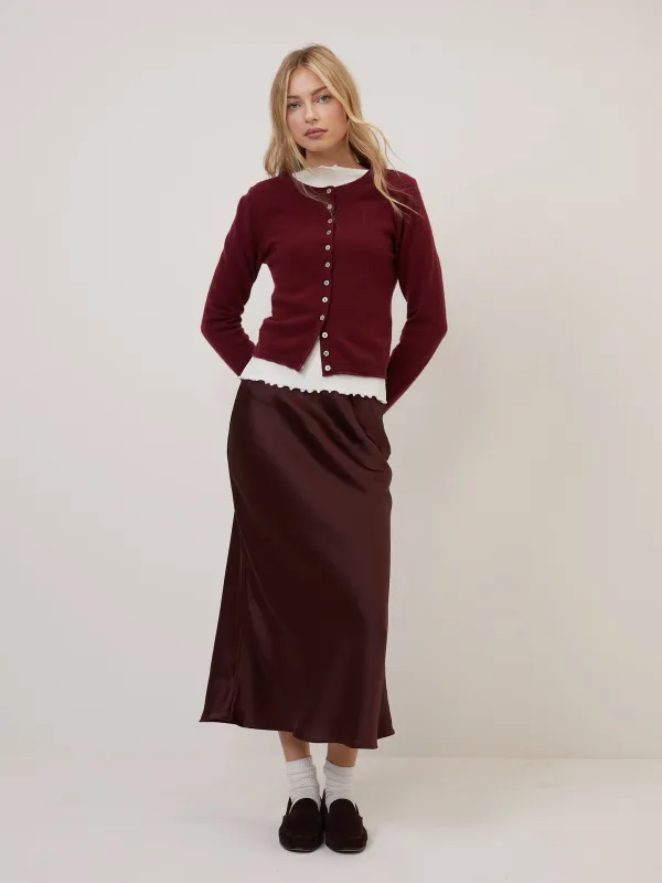 Burgundy Satin Mila Midi Slip Skirt sold by Nobody's Child