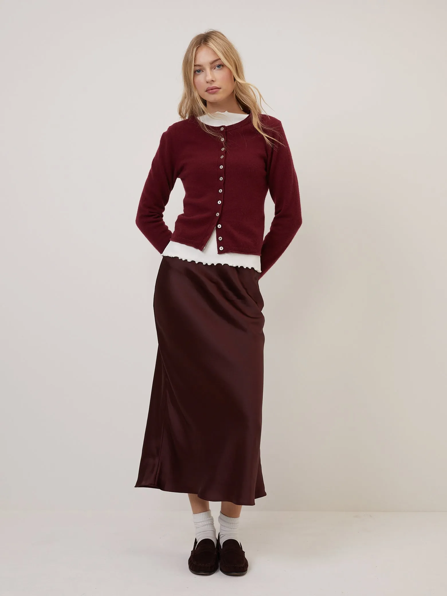 Burgundy Satin Mila Midi Slip Skirt sold by Nobody's Child