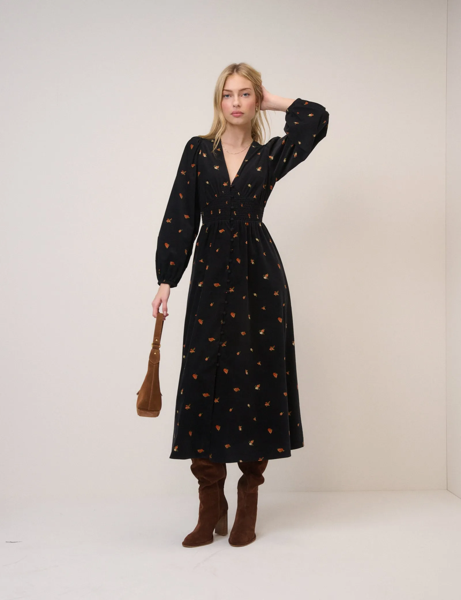 Black Cord Floral Riley Shirred Waist Midi Dress sold by Nobody's Child product image thumbnail 3