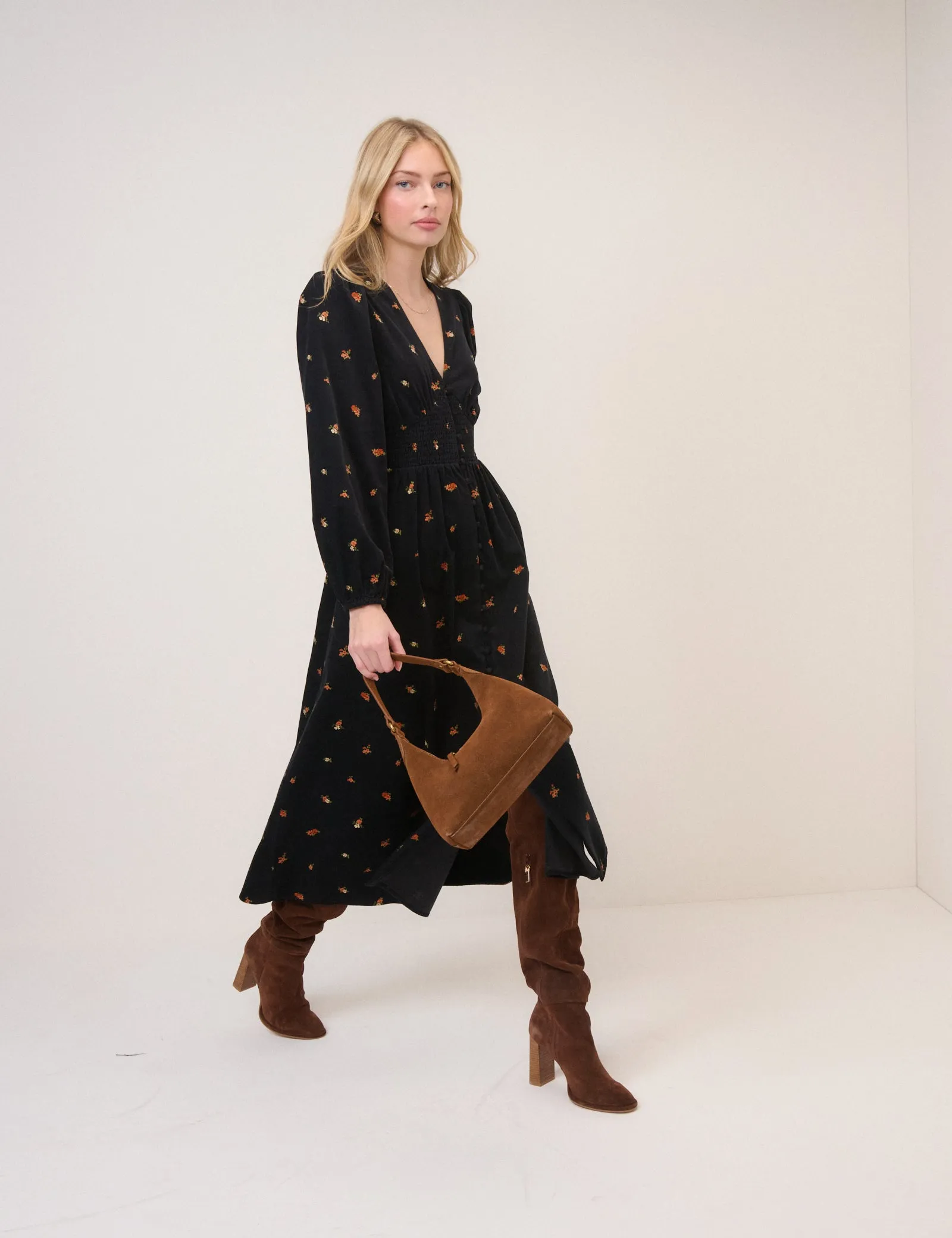 Black Cord Floral Riley Shirred Waist Midi Dress sold by Nobody's Child