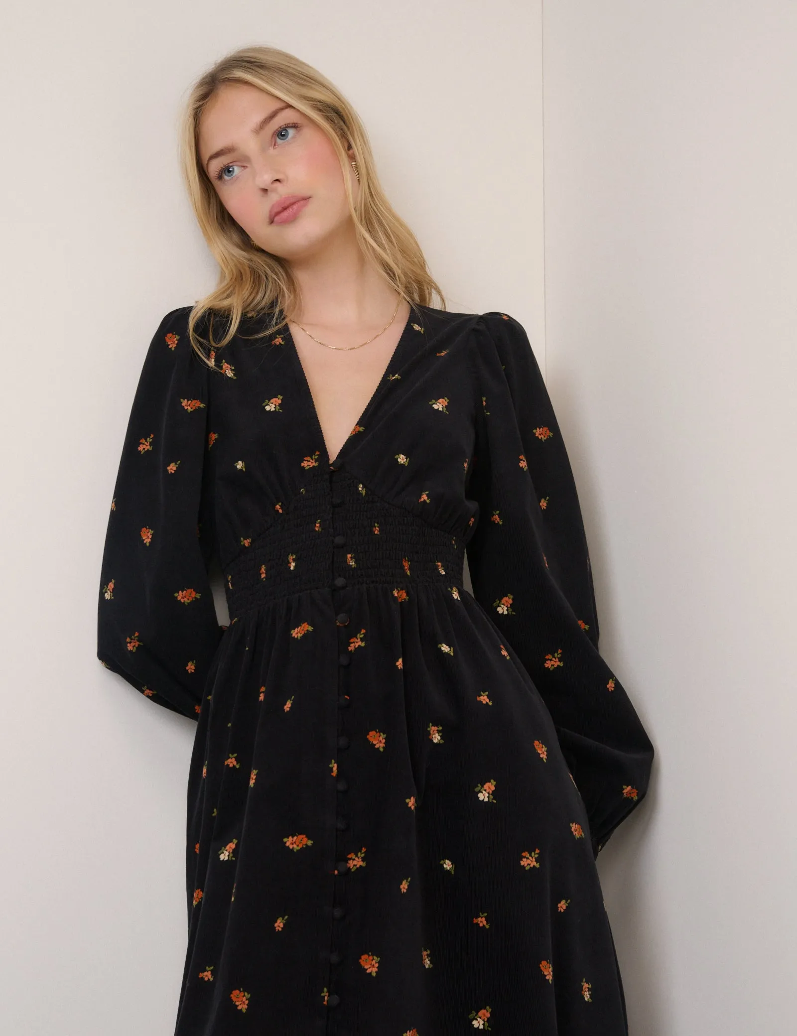 Black Cord Floral Riley Shirred Waist Midi Dress sold by Nobody's Child product image thumbnail 4