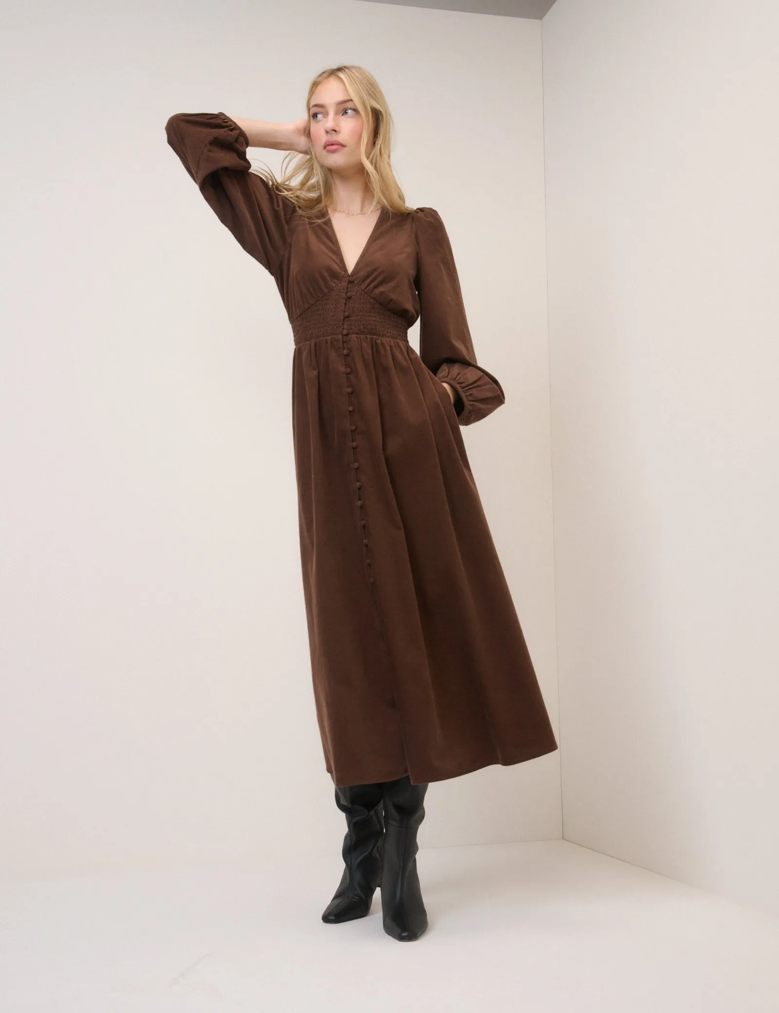 Brown Cord Shirred Riley Midi Dress sold by Nobody's Child product image thumbnail 3