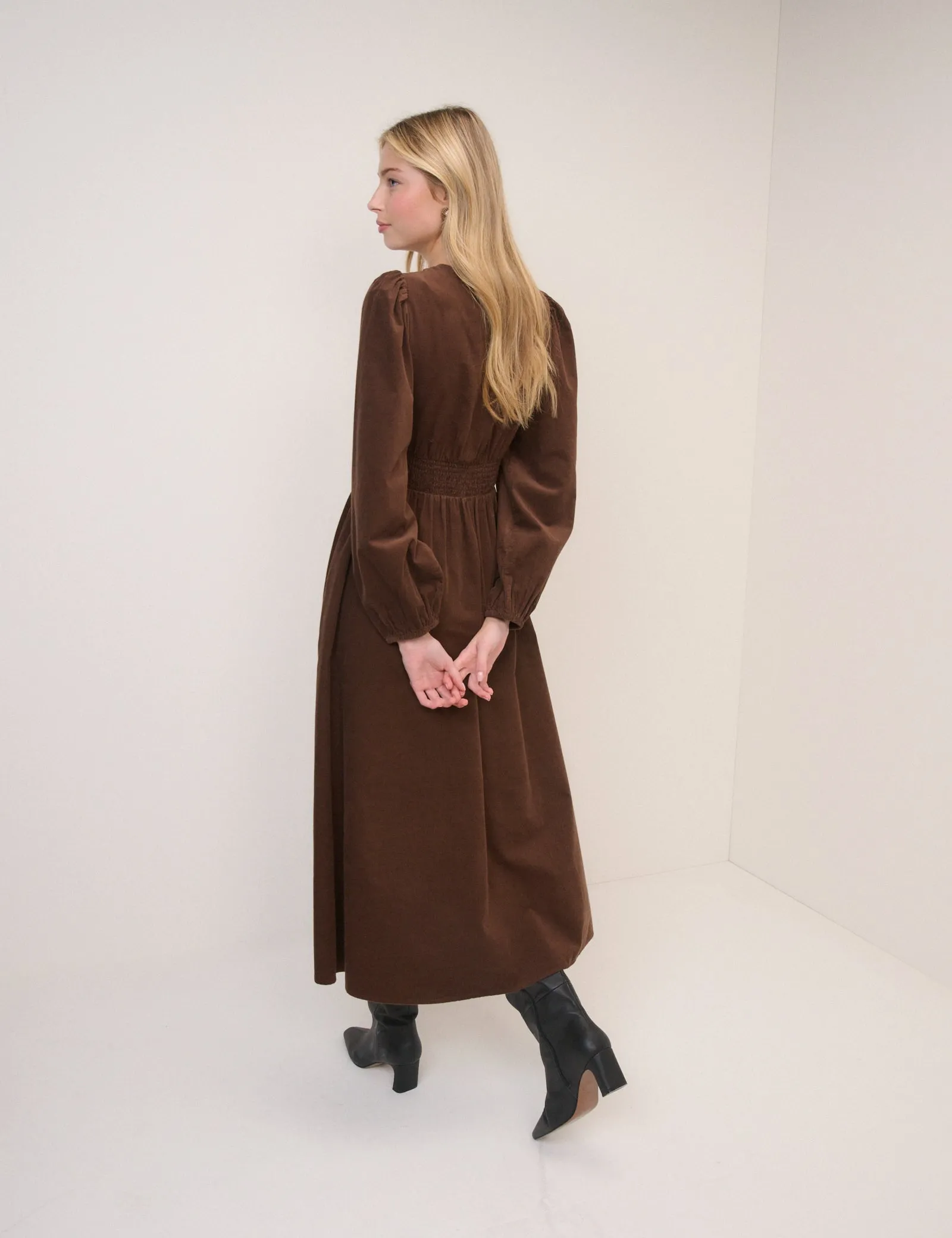 Brown Cord Shirred Riley Midi Dress sold by Nobody's Child product image thumbnail 5