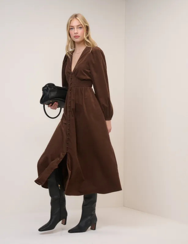 Brown Cord Shirred Riley Midi Dress sold by Nobody's Child