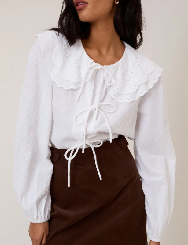 White Peter Pan Collar Tie Front Blouse sold by Nobody's Child
