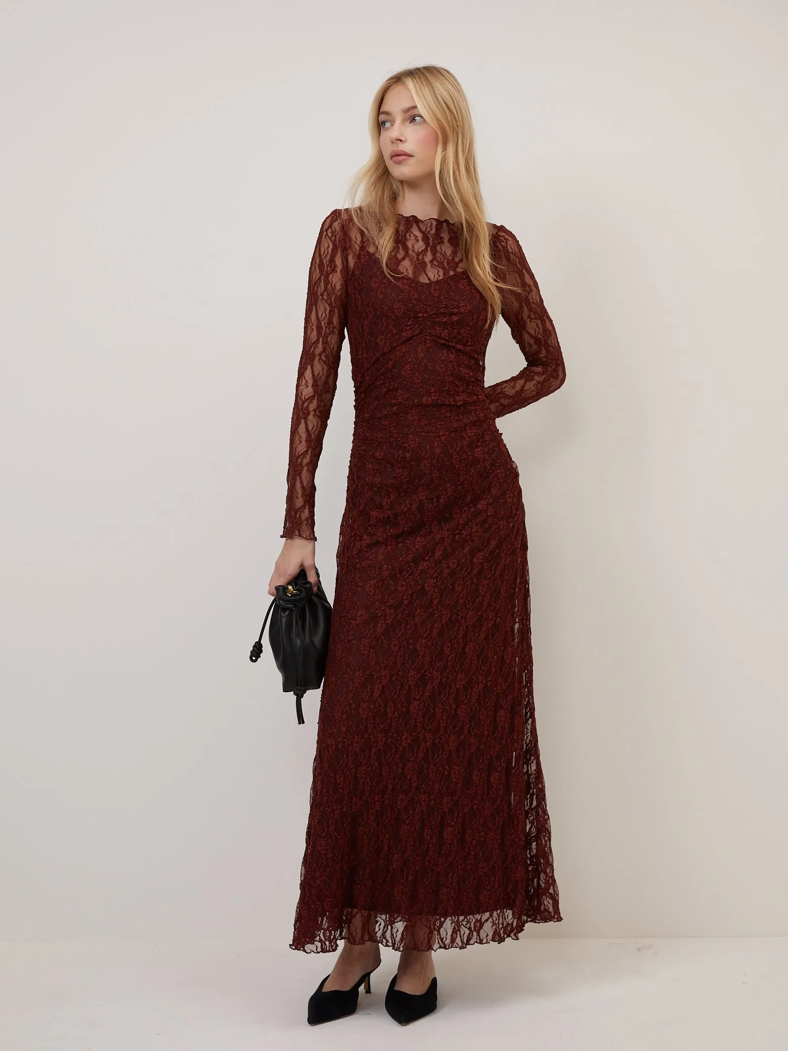 Burgundy Lace Mallory Long Sleeve Midi Dress sold by Nobody's Child
