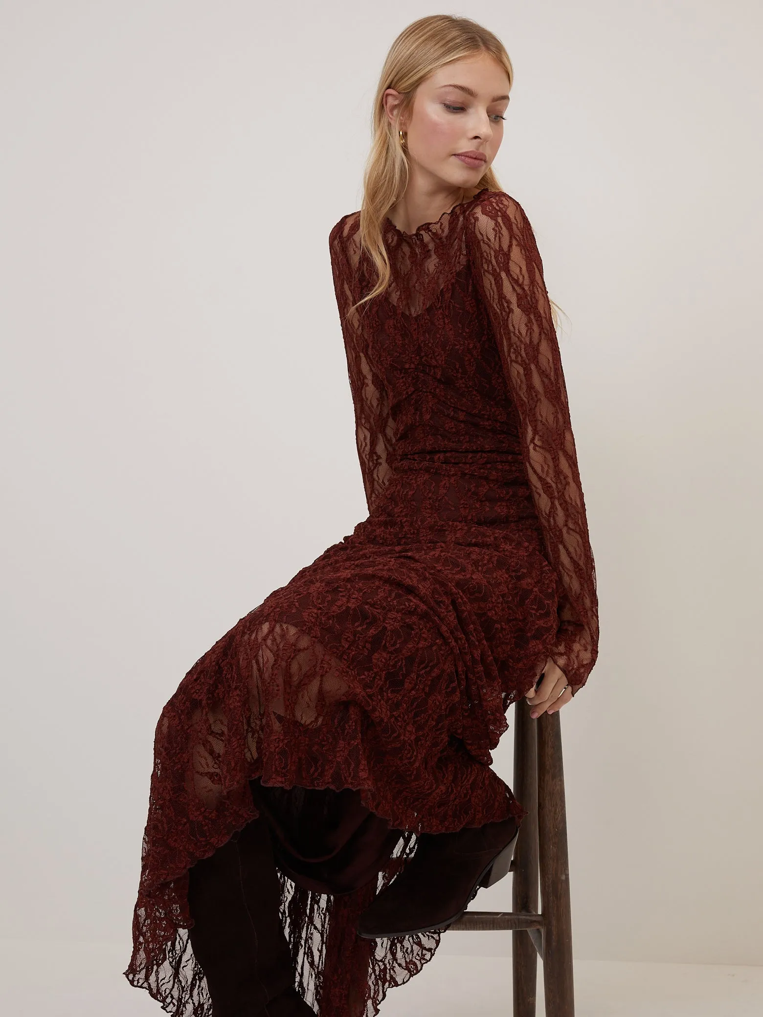 Burgundy Lace Mallory Long Sleeve Midi Dress sold by Nobody's Child product image thumbnail 4