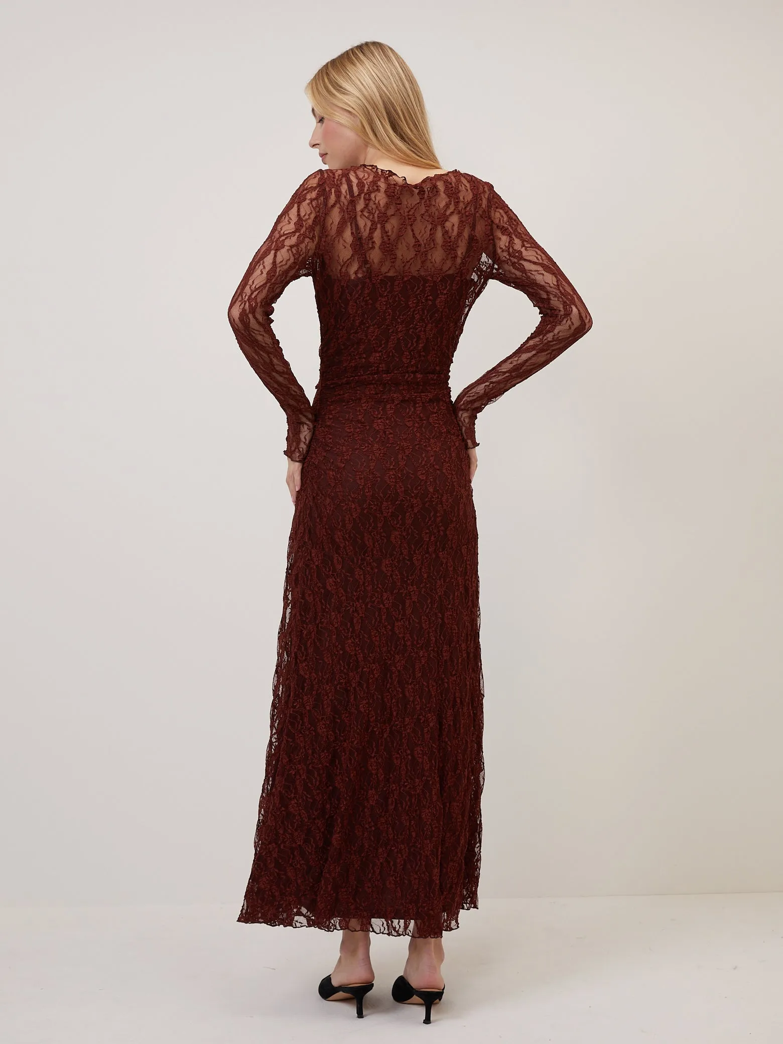 Burgundy Lace Mallory Long Sleeve Midi Dress sold by Nobody's Child product image thumbnail 5