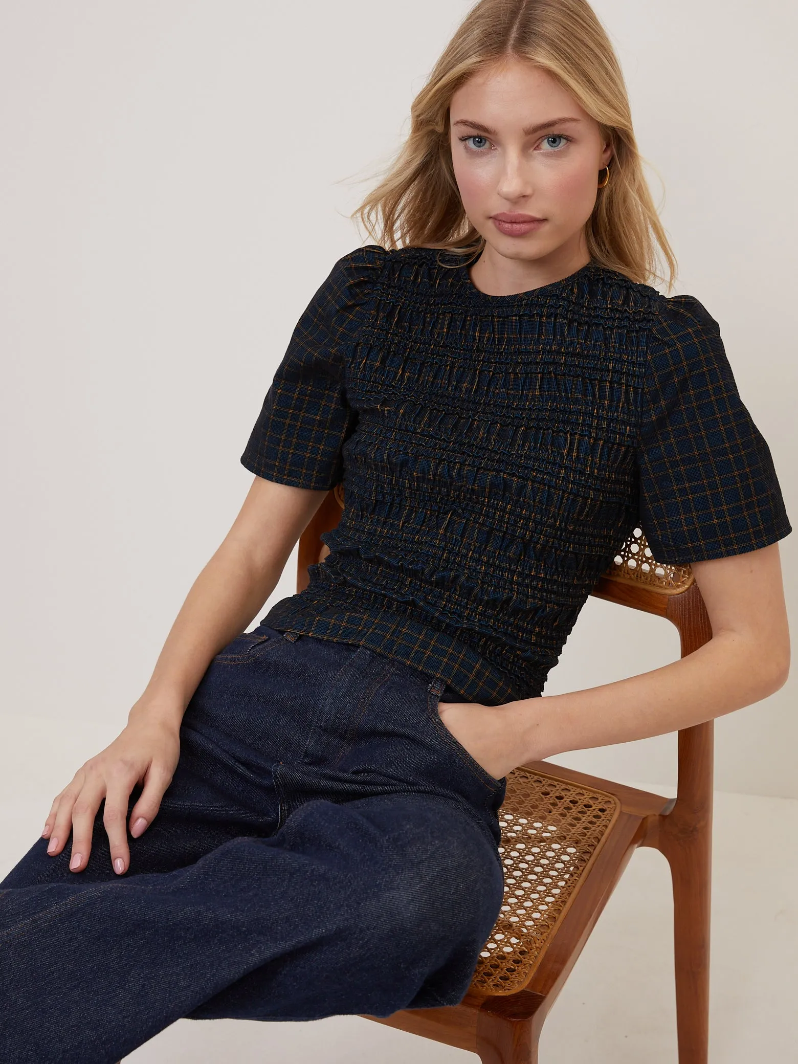 Navy Blue Check Shirred Cord Top sold by Nobody's Child product image thumbnail 4