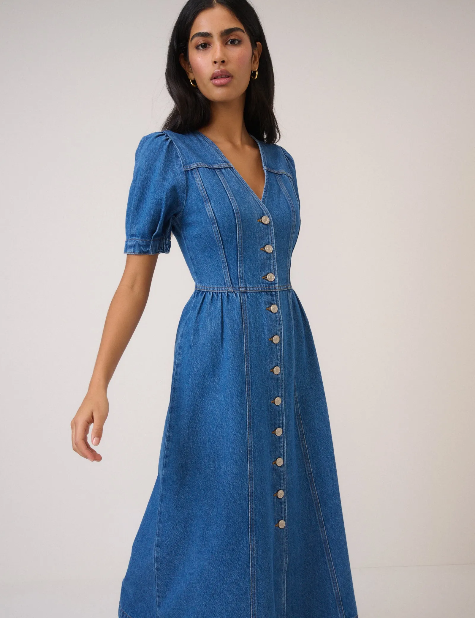 Blue Denim Puff Sleeve Sienna Midi Dress sold by Nobody's Child