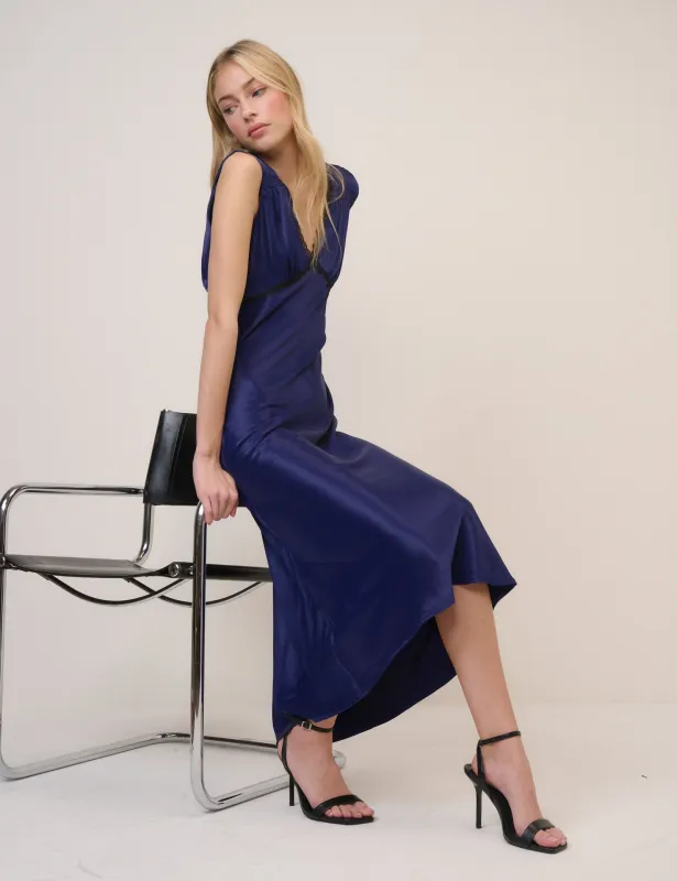 Navy Satin Ria Midi Dress sold by Nobody's Child