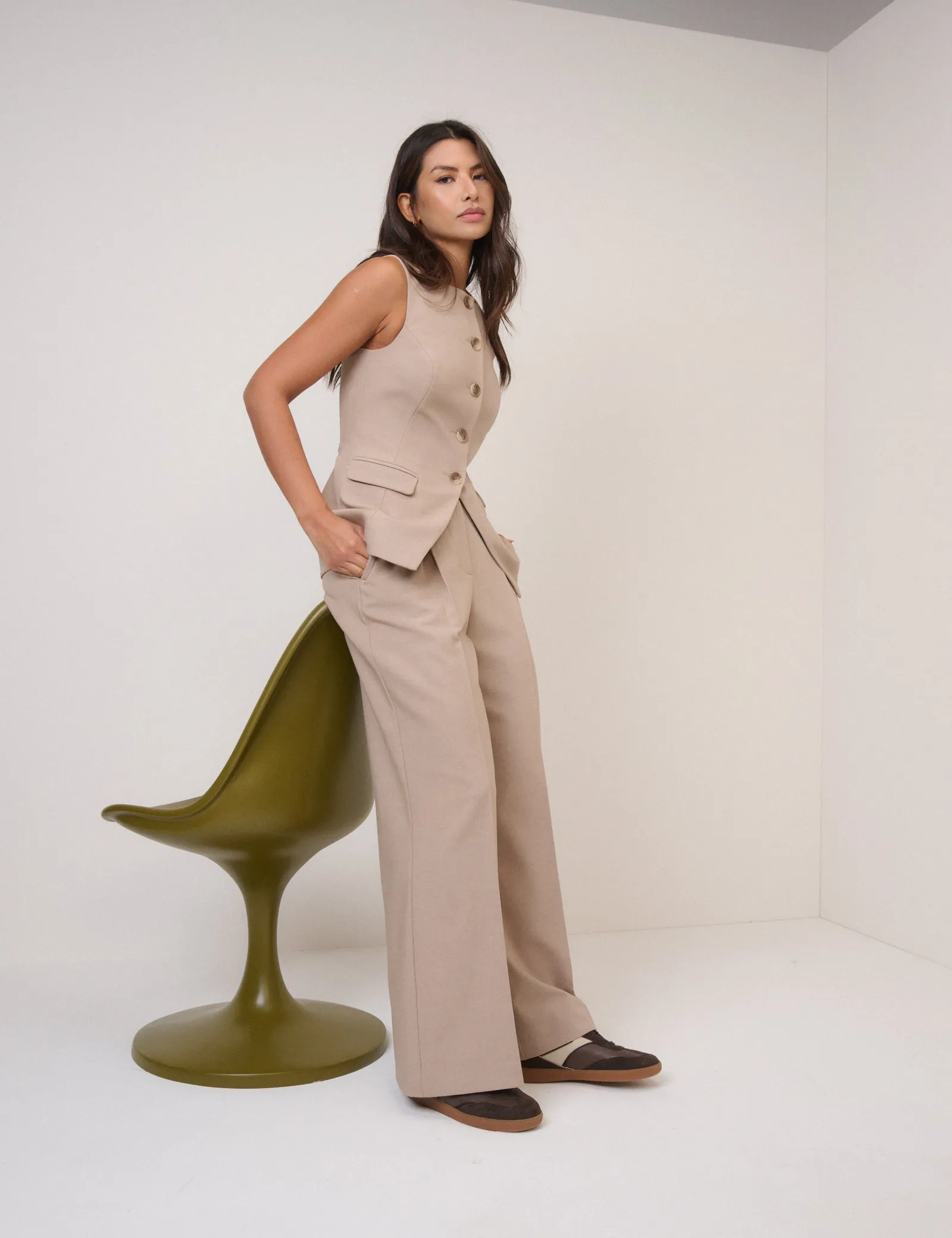 Beige Wide Leg Tailored Trousers sold by Nobody's Child product image thumbnail 3