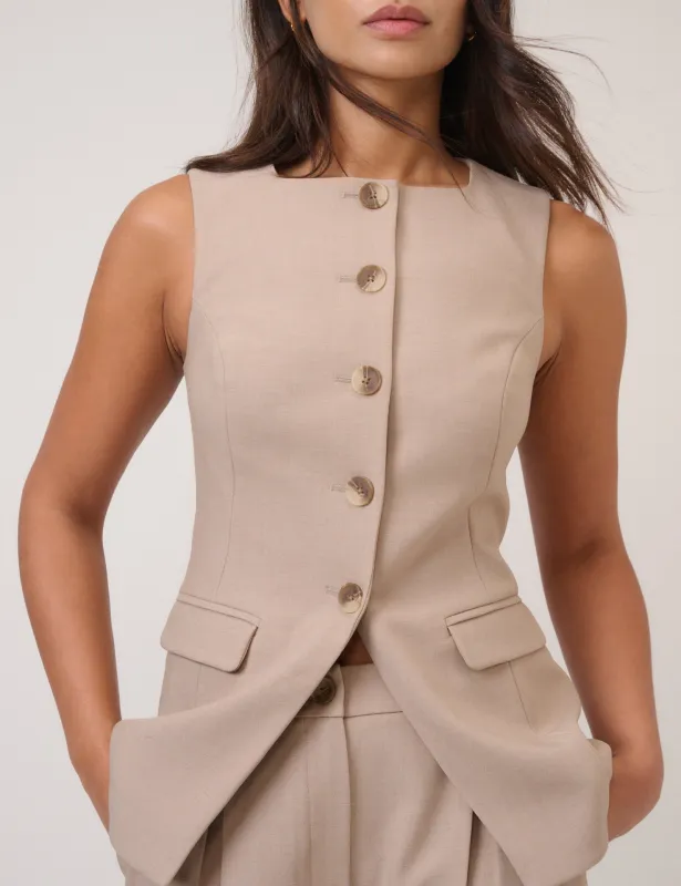 Beige Square Neck Longline Waistcoat sold by Nobody's Child