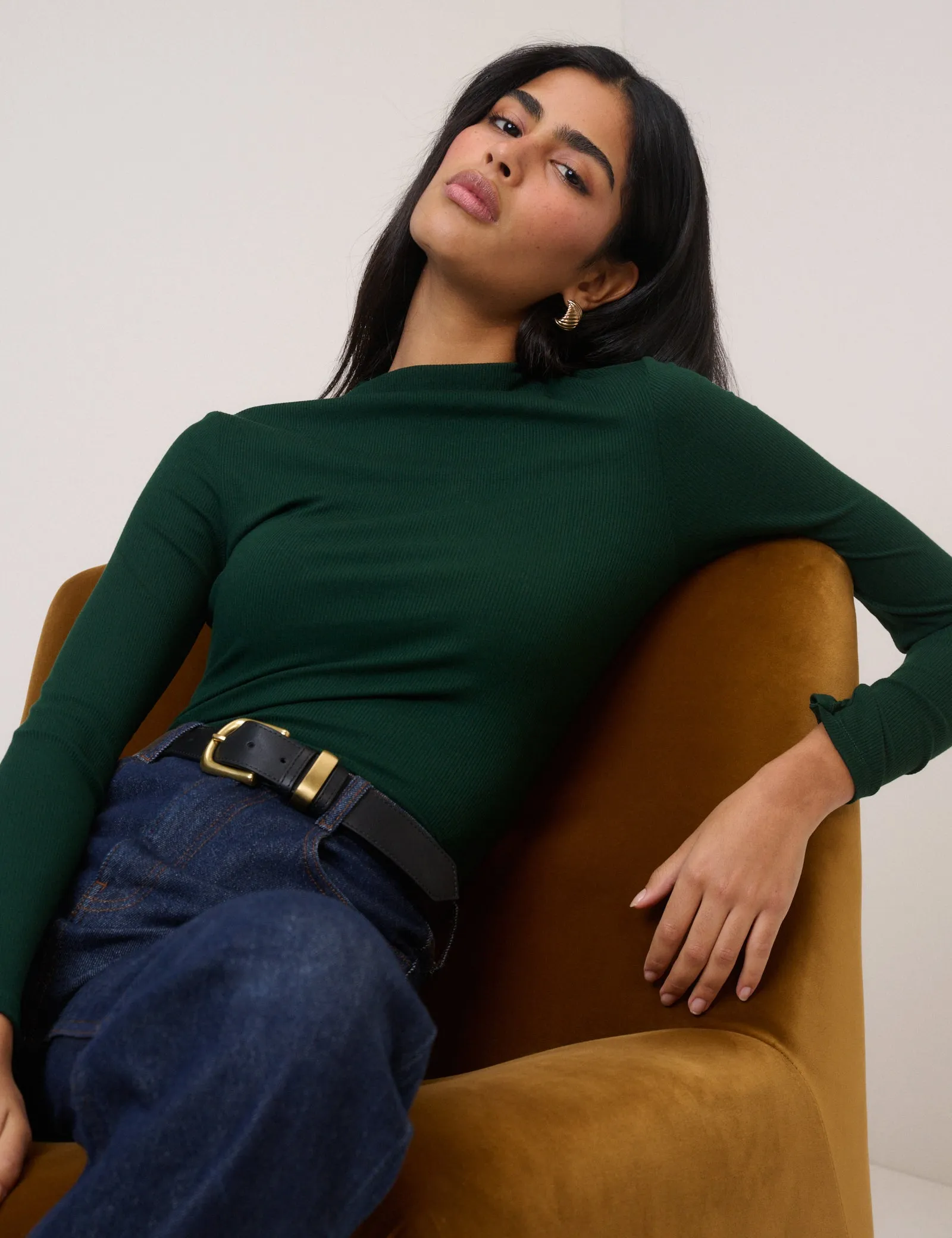 Forest Green Ribbed High Neck Long Sleeve Top sold by Nobody's Child