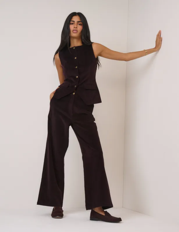 Black Cherry Cord Crew Neck Waistcoat sold by Nobody's Child