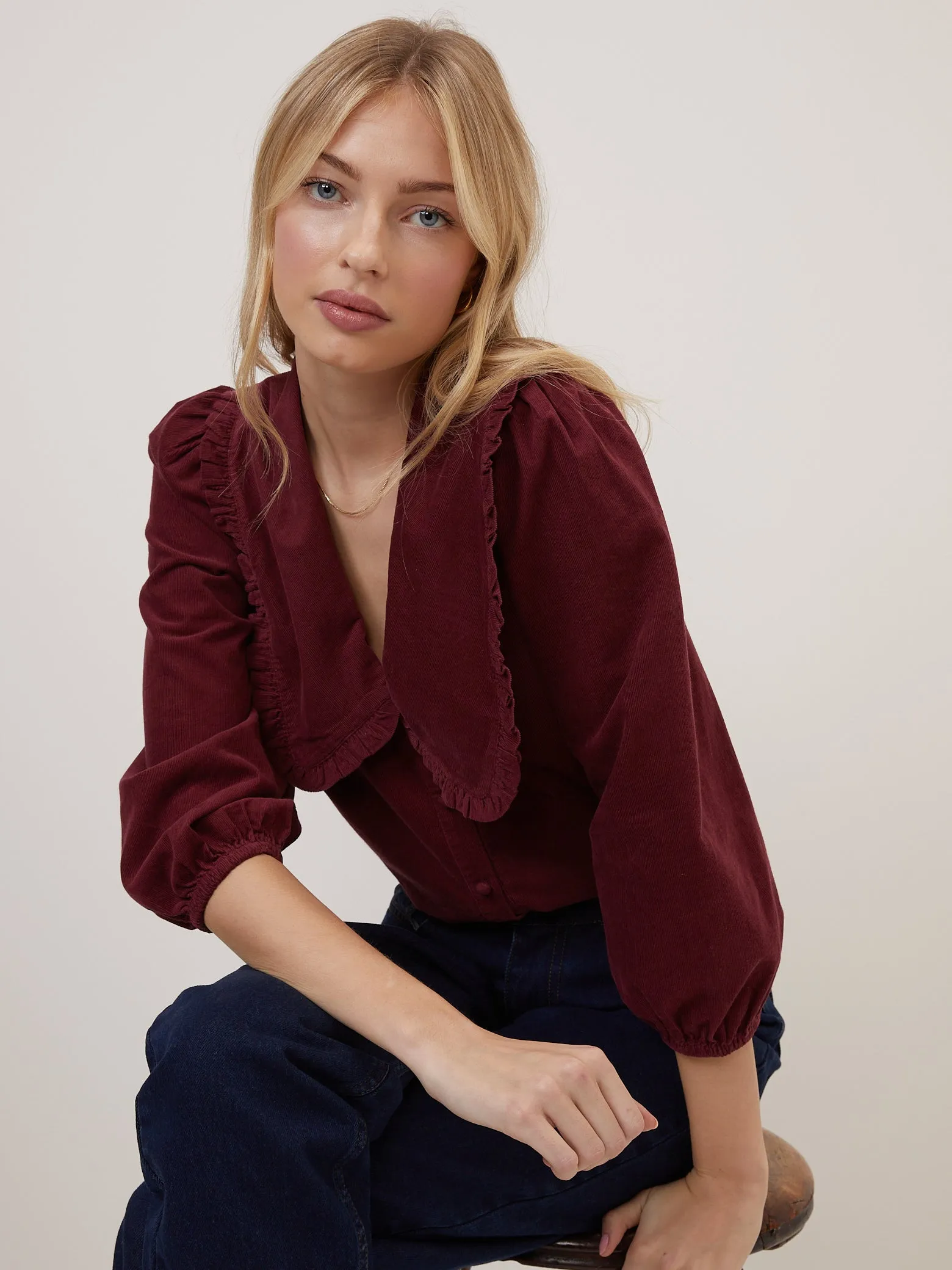 Burgundy Cord Peter Pan Collar Emmie Blouse sold by Nobody's Child