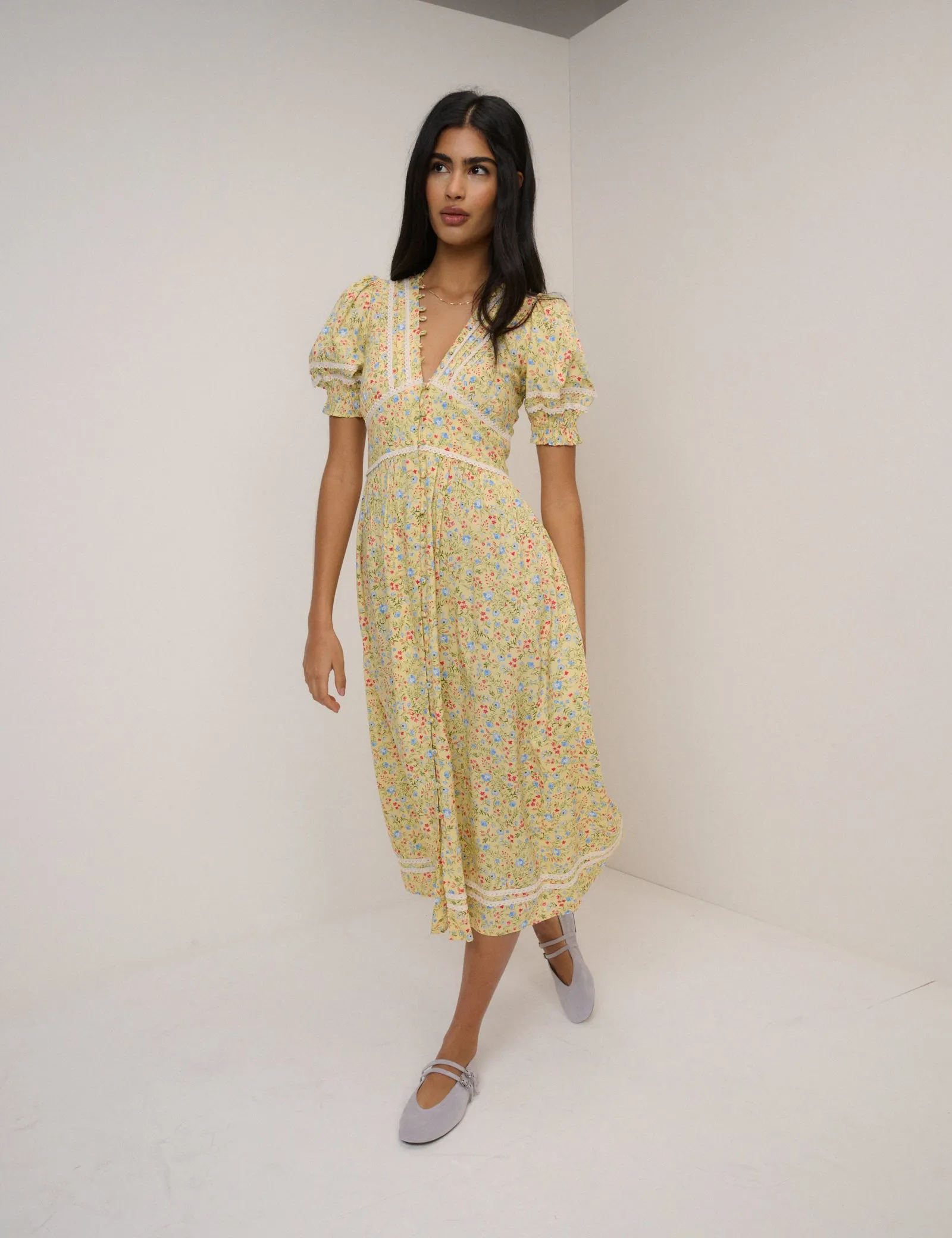 Yellow Ditsy Floral Saffy Midi Tea Dress sold by Nobody's Child product image thumbnail 2